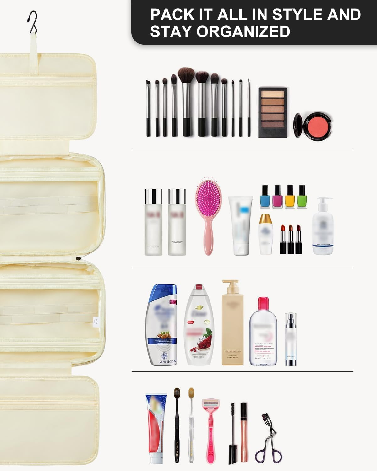 DDPOND Hanging Travel Toiletry Bag - Quilted Convenient & Stylish Organizer for Traveling Women, Pink