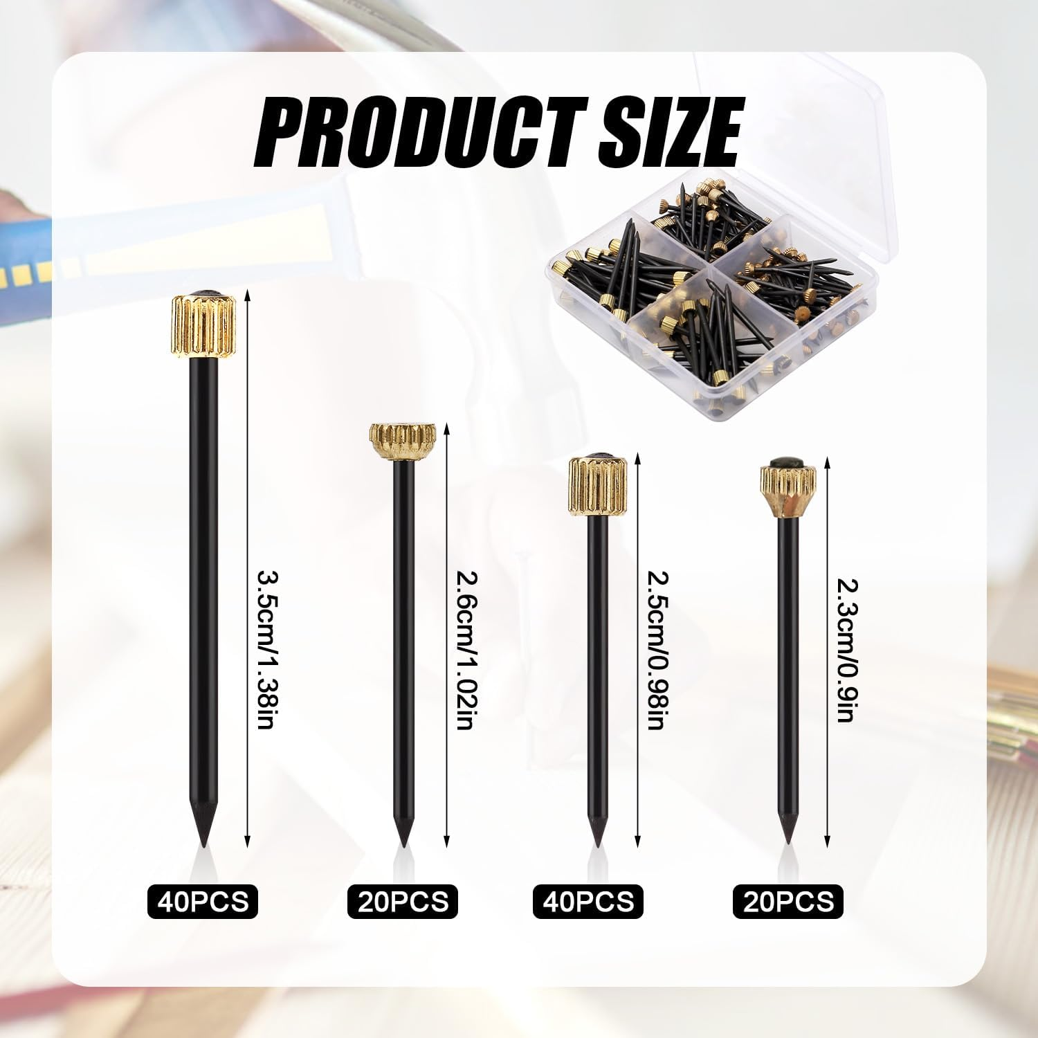 120Pcs Picture Hanging Nails, Steel Pin & Brass Head Picture Frame Nails with Plastic Box 4 Size Picture Decorative Hangers for Pictures Mirrors Baskets image number 3