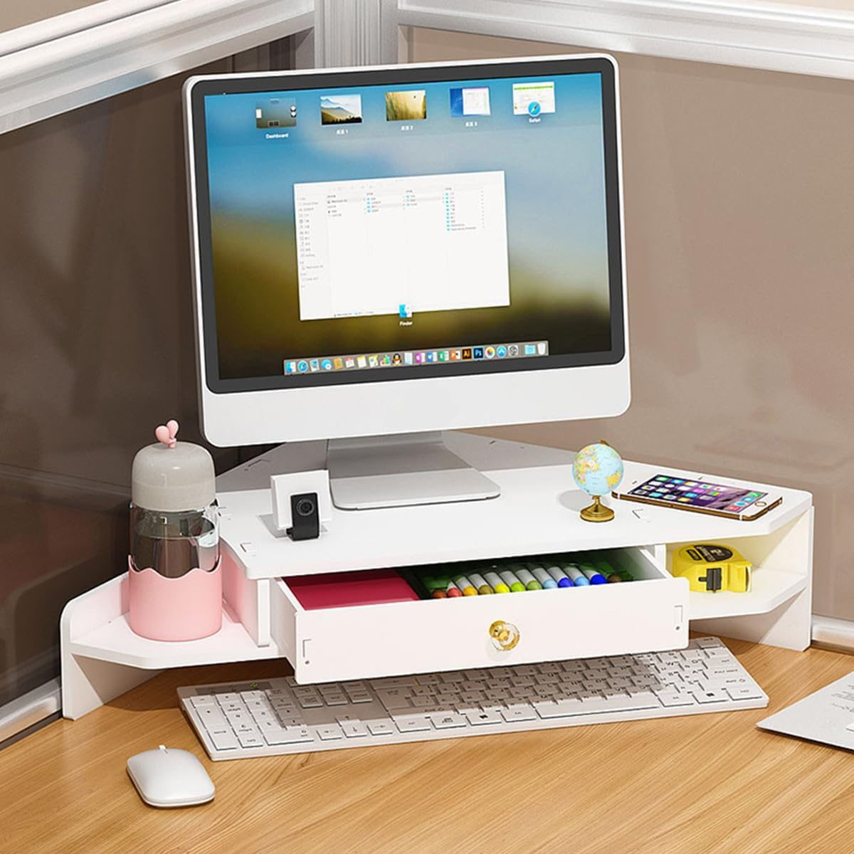 AIMALL Corner Computer Monitor Stand Triangular Desk Riser with Storage Shelf and Optional Drawer, Space-Saving Office Workstation Organiser for Desktop Accessories and Improved Viewing Height