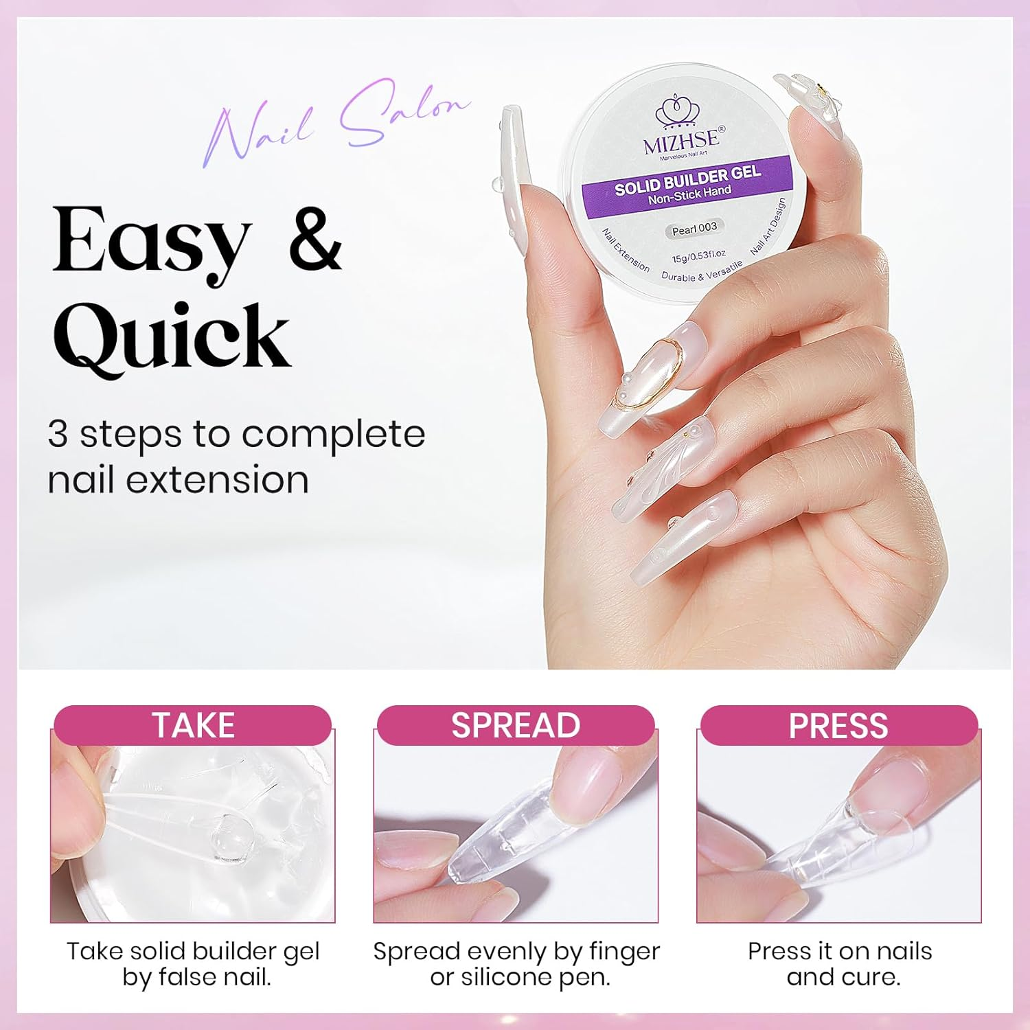 MIZHSE Solid Nail Builder Gel - Clear & Pearl White, 3D Nail Artgel, Non-Sticky Hard Gel for Sculpting, with Dual Form Silicone Pen for Carving & Decoration, Home DIY Manicure image number 4