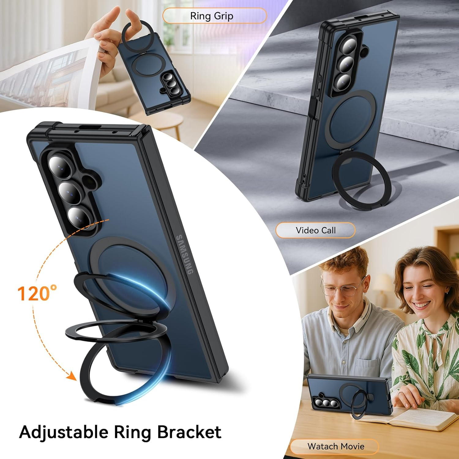 Ottpluscase Magnetic for Samsung Galaxy Z Fold 7 Case with Adjustable Stand, Compatible with Magsafe, Military Standard Protection, Translucent Matt Mobile Phone Case for Samsung Fold - Black