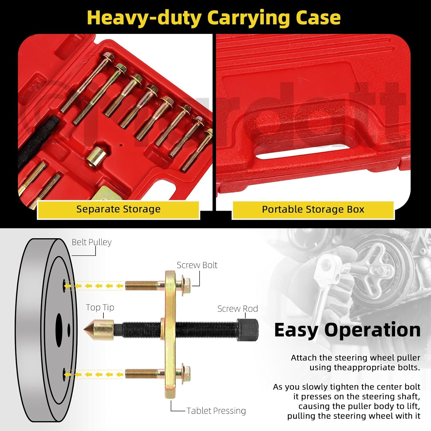 13Pcs Steering Wheel Puller Harmonic, Power Steering Pulley Puller Installer Tool Set Flywheel Puller Crankshaft and Gears, Automotive Steering Wheel Puller Tool Kit, Work on Most Cars
