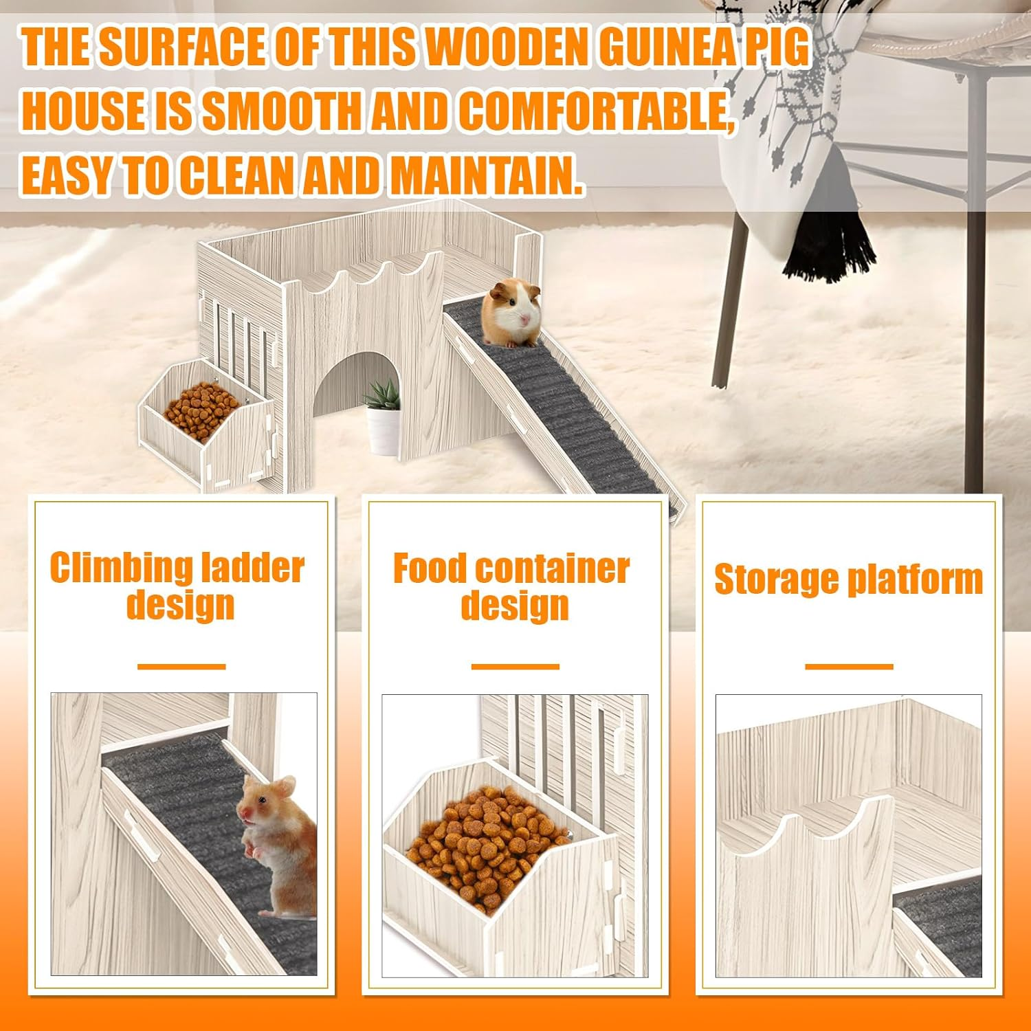 Wooden Guinea Pig Castle, Guinea Pig Houses and Hideouts with Feeding Basin, Rabbit Castle for Indoor Bunnies (Beige Color)