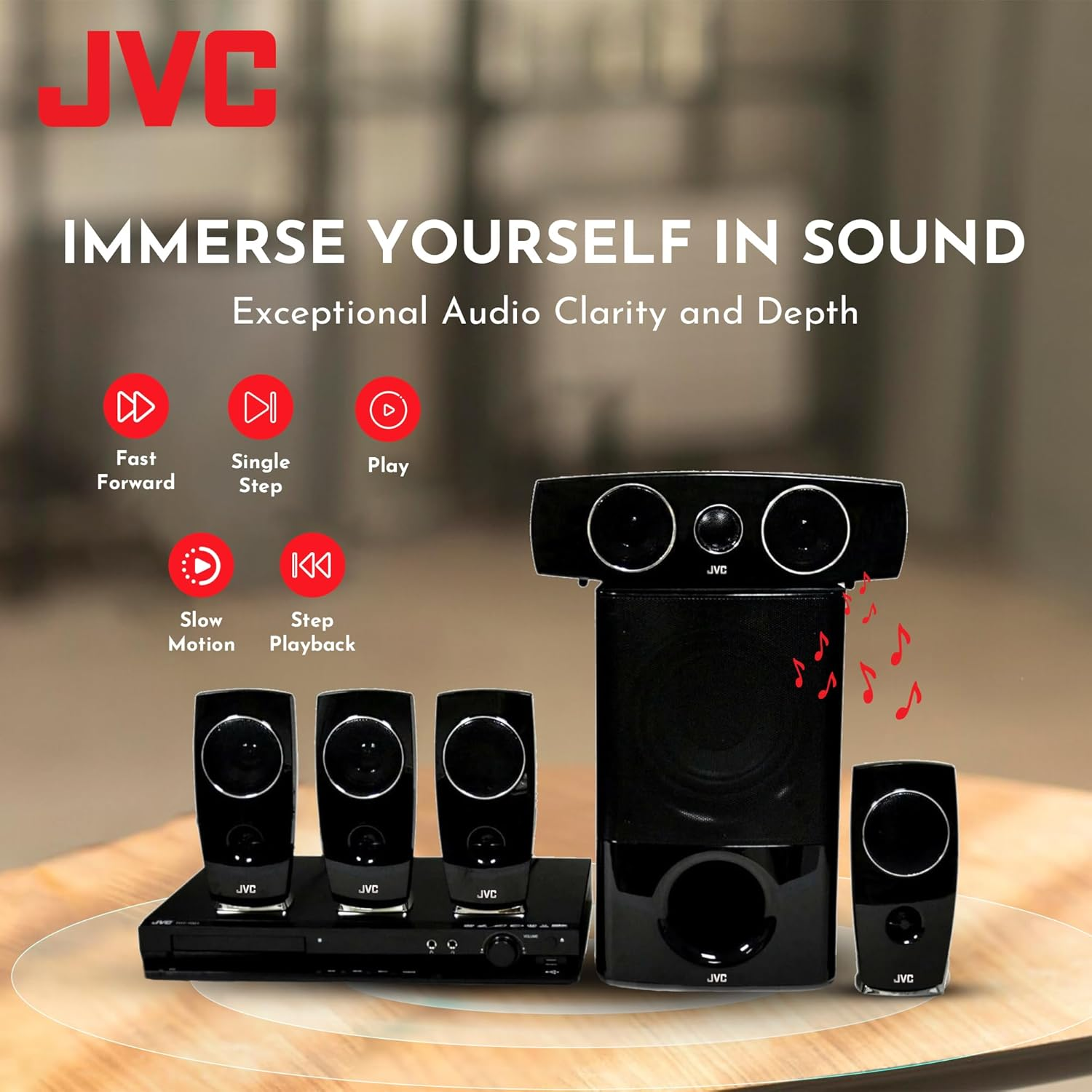 JVC Home Theatre System | 5.1 Surround Sound System for TV | Portable DVD Player with 5 X 60W Passive Speakers & 150W Powered Subwoofer | Digital Amplifier, Karaoke Function, Bluetooth, USB (TH-N888B) image number 2