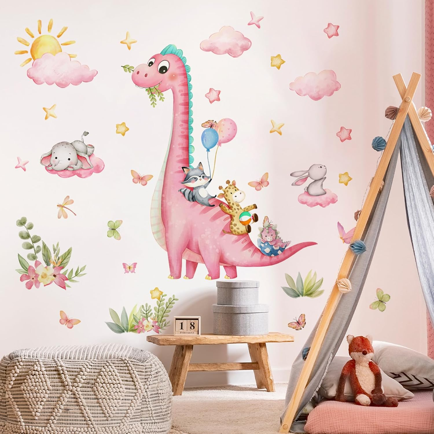 Pink Dinosaur Wall Decals Girls Room Pink Cartoon Animals Wall Stickers Peel and Stick Wall Art for Kids Bedroom Living Room Nursery Playroom Classroom Wall Decor image number 3