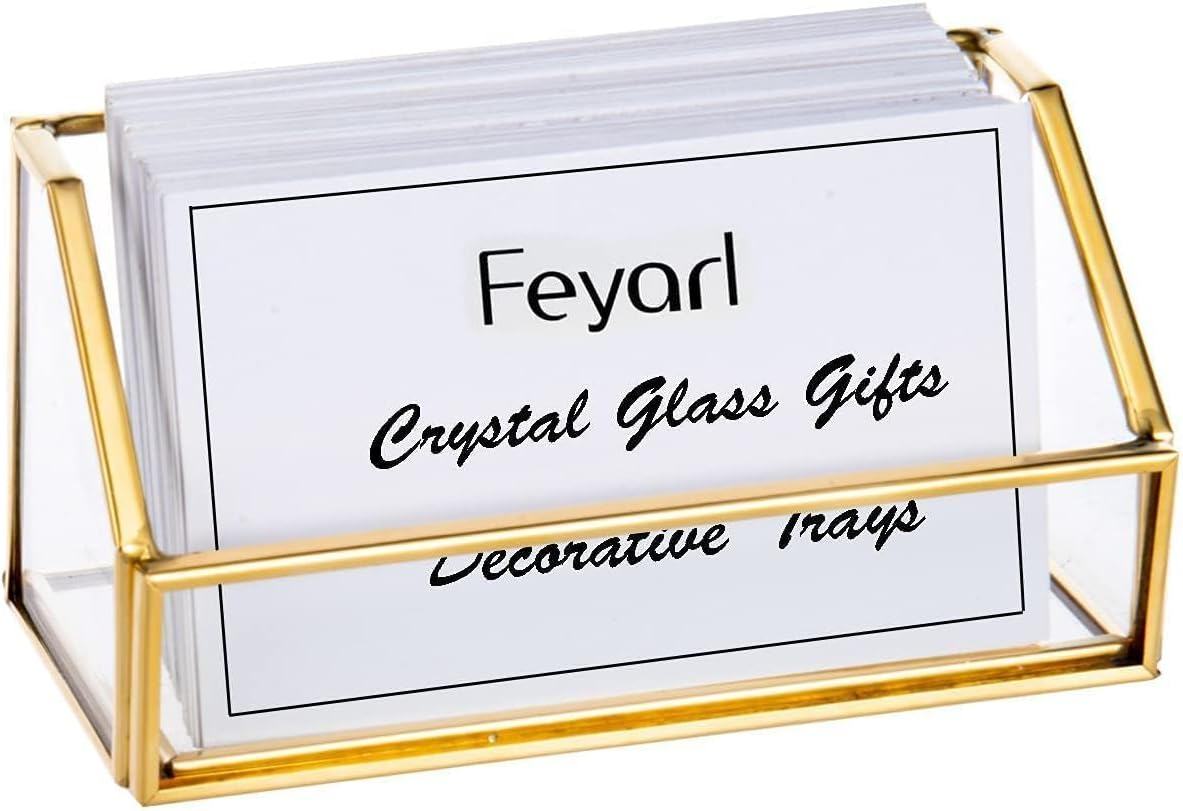 Feyarl Glass Business Card Holder Stand Gold Office Name Card Display Business Card Organizer Storage for Office Desktop Countertop (Gold) image number 5