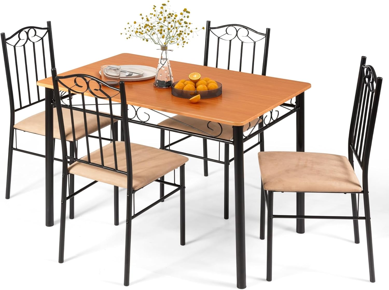 Giantex 5-Piece Dining Set, Modern Rectangular Dining Table & Upholstered Chair, Space-Saving Dinette Set for Dinner, Restaurant, Kitchen Dining Room Furniture for 4, Orange