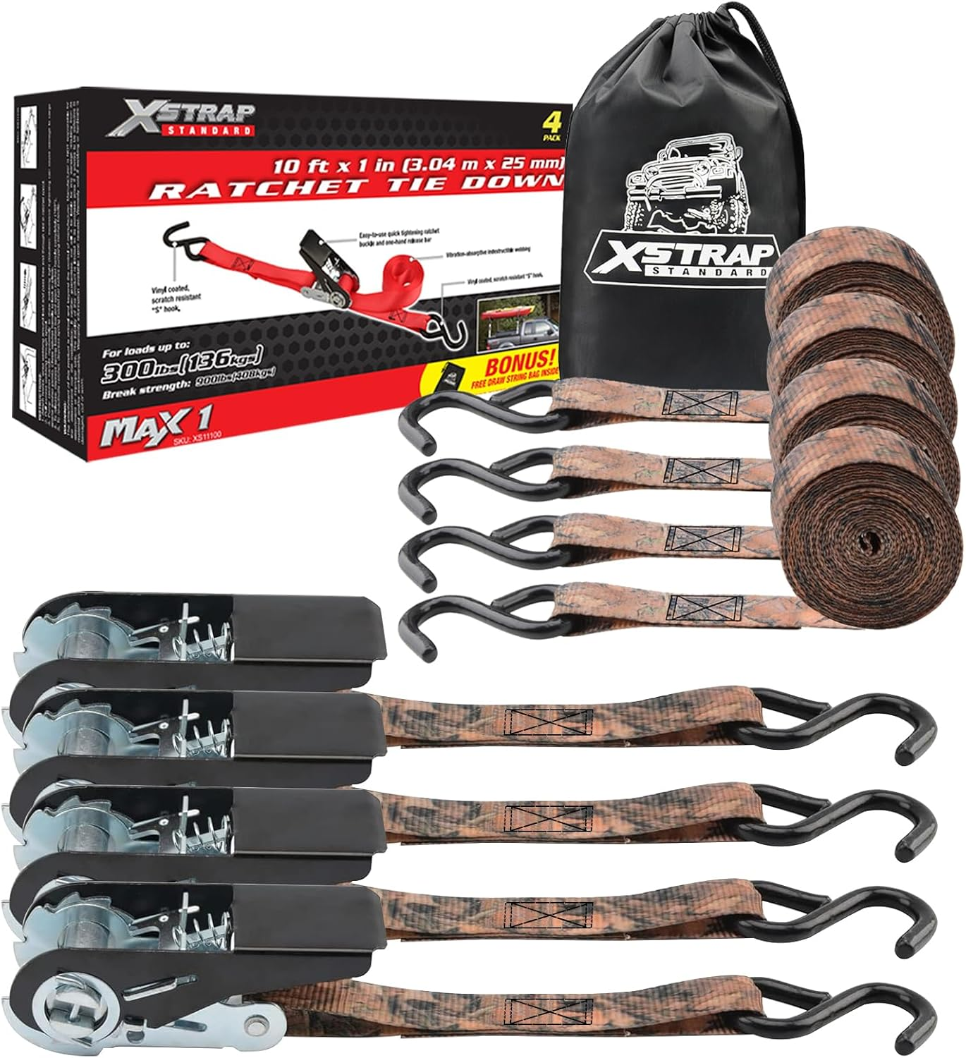 XSTRAP Standard Ratchet Tie down Straps 4PK 10 Ft- 300 Lbs Load Cap- 900 Lbs Break Strength-Cargo Straps for Moving Appliances, Lawn Equipment, Motorcycle Orange