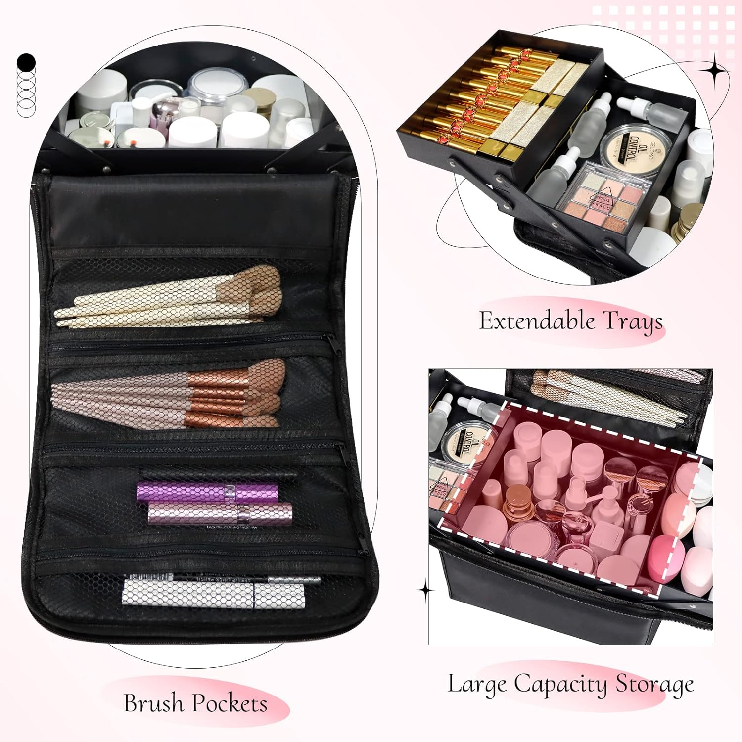 Feibrand Makeup Organiser Box Vanity Cases: Professional Cosmetic Boxes - Large Travel Make up Bag Storage Nail Art Kit Beauty Cases - Black Cosmetics Bags Organizer Set for Girls & Women image number 3