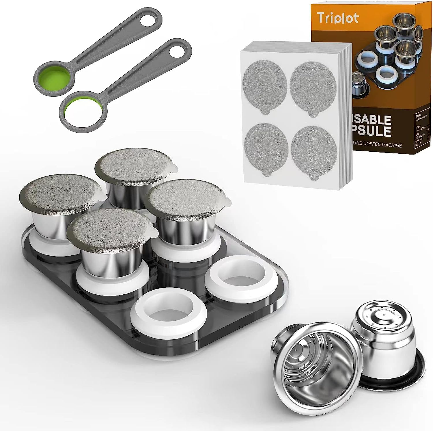 Triplot Reusable Capsules for Nespresso Originalline - 6Pcs Refillable Coffee Pods,Stainless Steel Cups Compatible for Nespresso Originalline Machine (6Pods+100Pcs Lids+Storage Board) image number 2