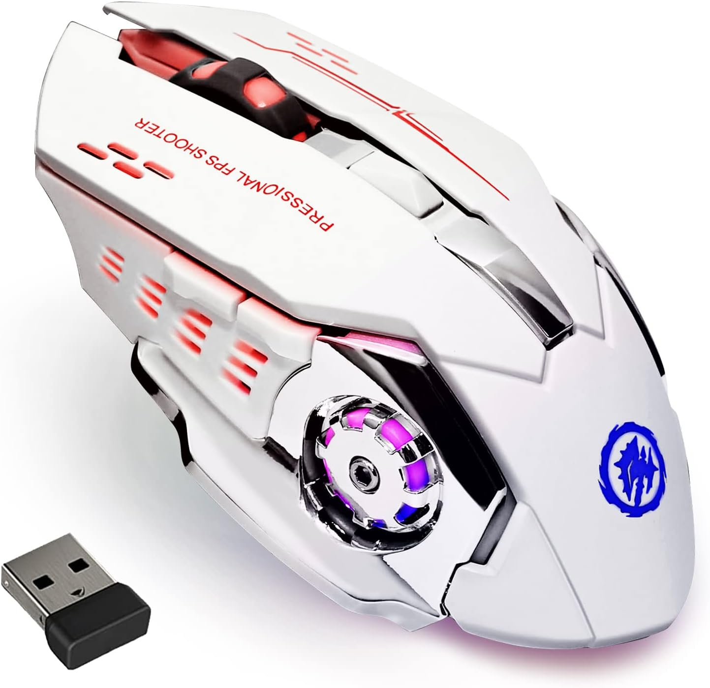 Wireless Gaming Mouse Bluetooth Mouse RGB Rechargeable 2.4G USB Cordless Computer Mice with 7 Color Backlit, 6 Buttons & Silent Click for Laptop, Ipad, Mac OS, PC, Windows -White