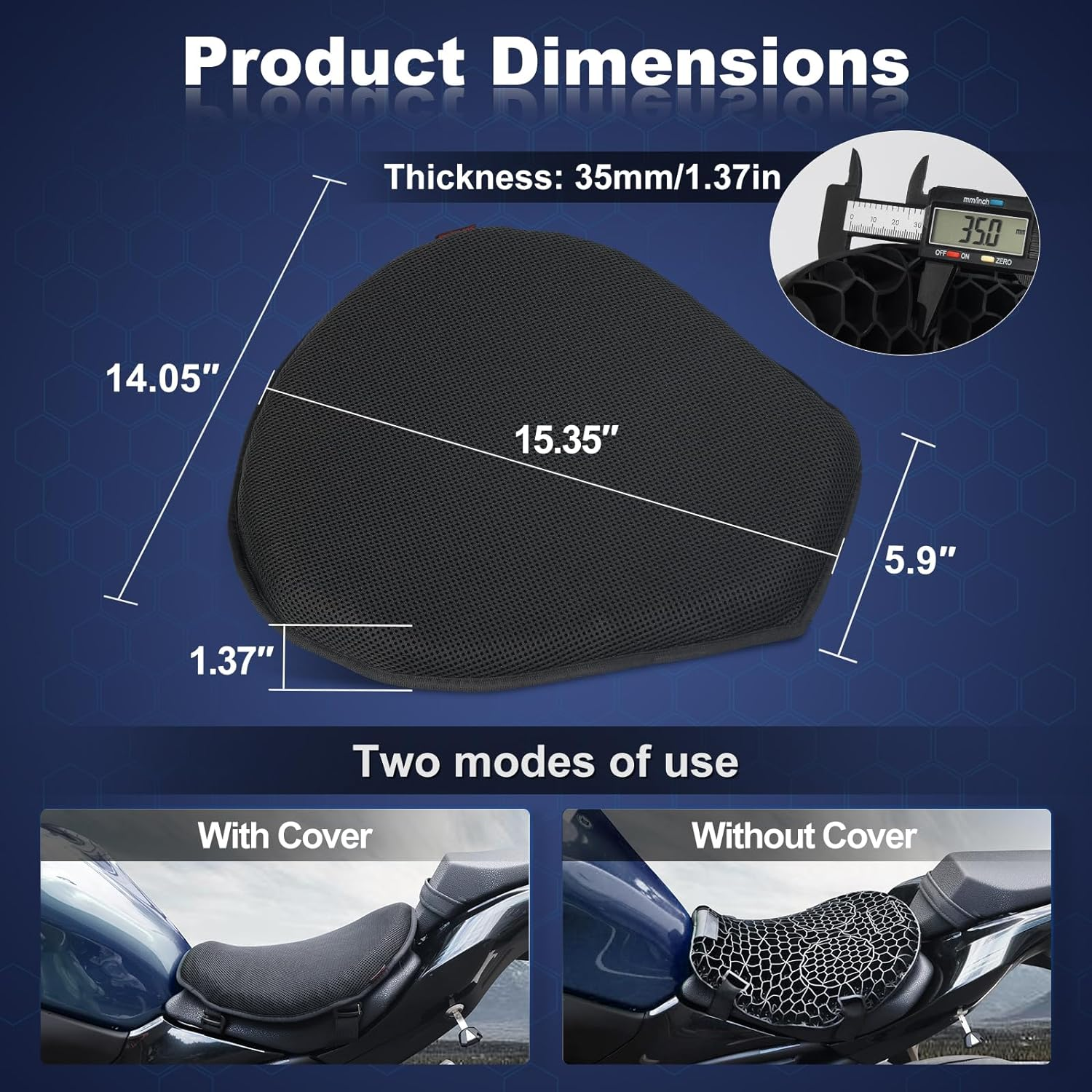Detachable Motorcycle Gel Seat Cushion with Cover, Large 3D-Honeycomb Structure Shock Absorption & Breathable Motorcycle Gel Seat Pad for Long Rides image number 3