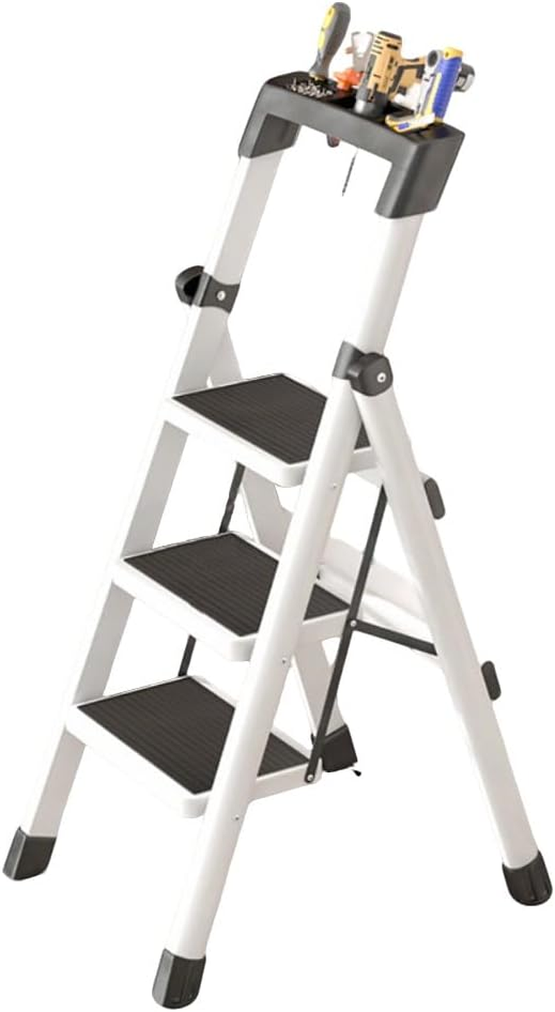 LEDON Thickened Multi-Functional Folding Herringbone Step Ladder - Portable, Retractable, Safety 3 Steps Ladder for Indoor & Outdoor Household Climbing with Tools Holder