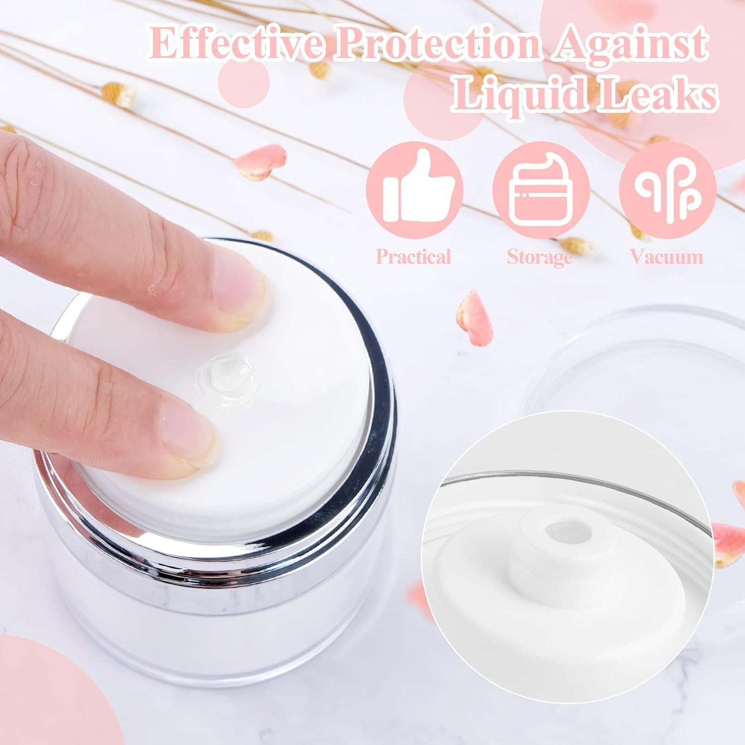 Heatunk 3PCS Airless Pump Bottle Set - Refillable Cream Jars with Leak-Proof Vacuum Technology - Portable Travel Cosmetic Moisturizer Containers with Cream Scoop - 15ML, 30ML, 50ML Sizes image number 6