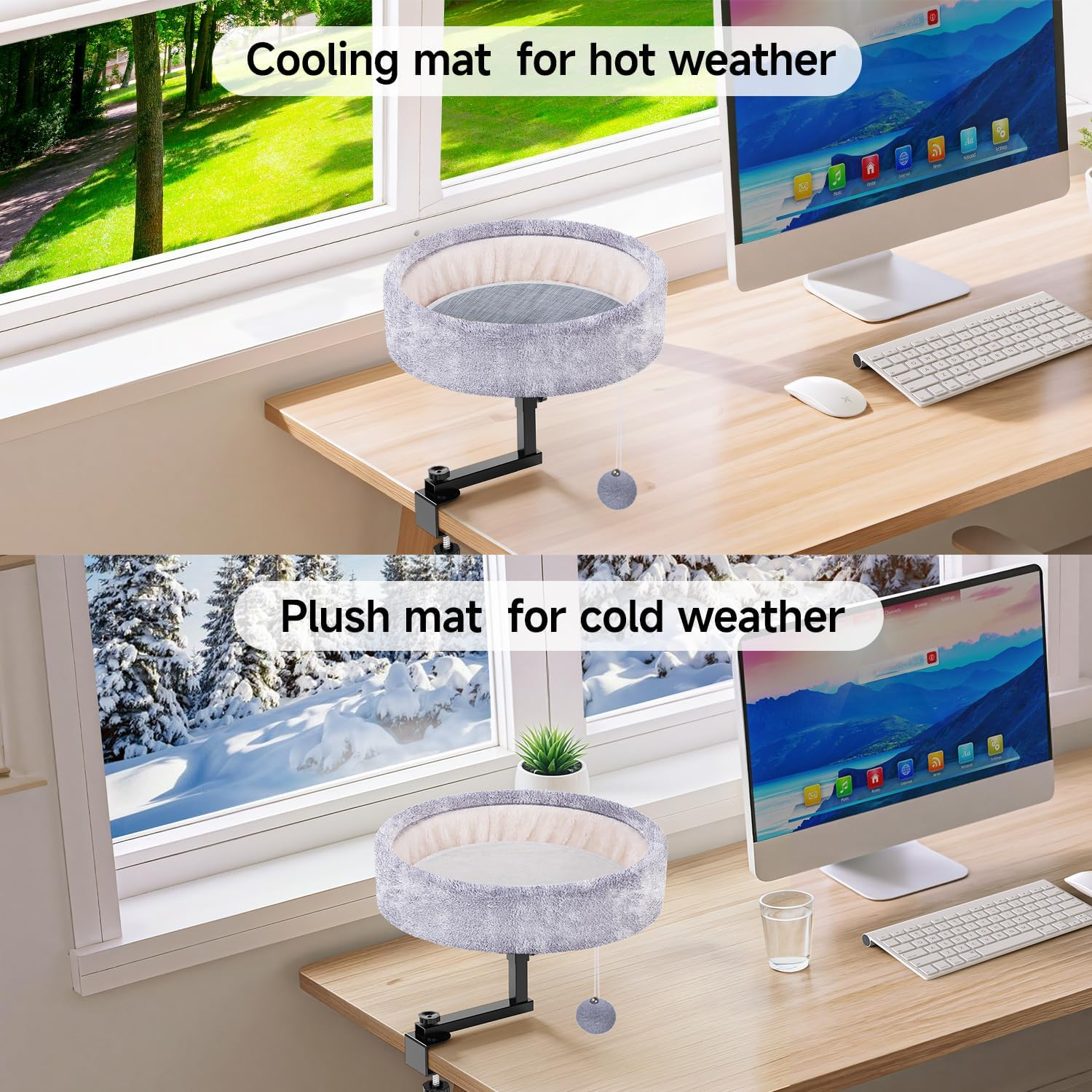 Cat Desk Bed - 360&deg; Rotating & Adjustable, Supports 44 Lbs, Soft Faux Fur with Dual-Sided Reversible Mat, Modern Indoor Cat Nest Furniture for Office Desks and Game Tables, Island Table - Brown image number 2