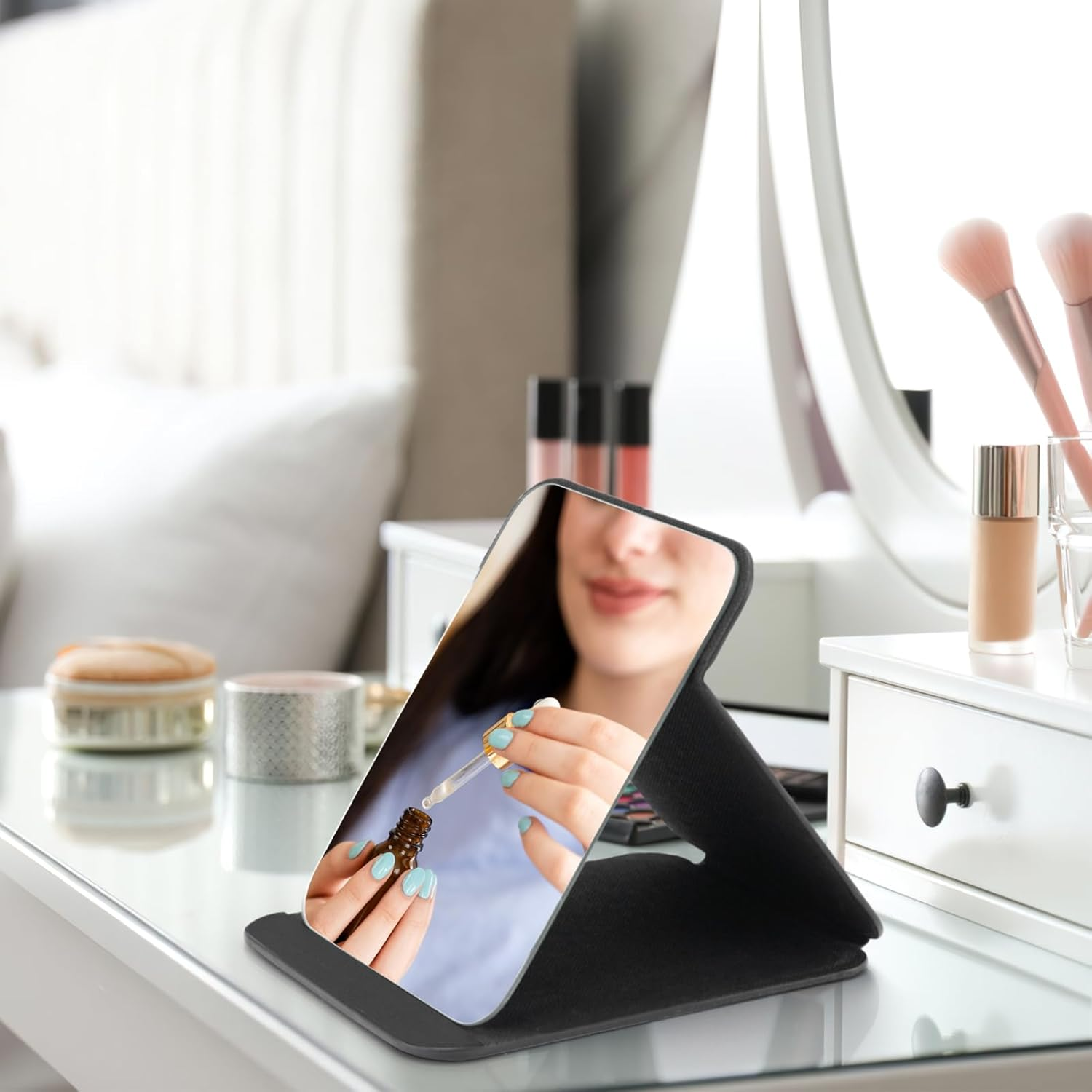 OWLKELA 16X11Cm Portable Folding Mirror, Super HD Compact Makeup, Black PU Leather Travel, Free Standing Vanity, Tabletop Foldable image number 1