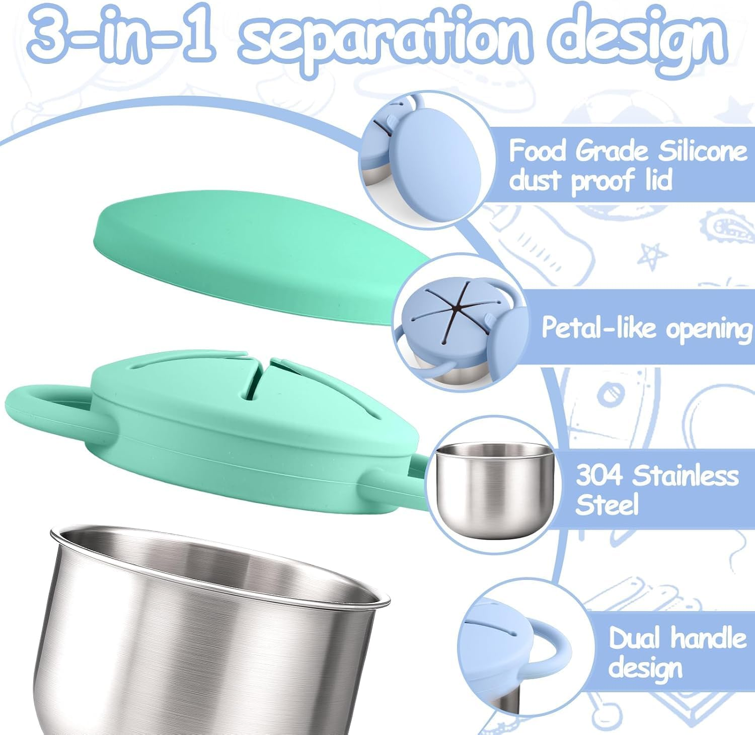 2-Pack Stainless Steel Snack Containers for Baby Toddlers with Spill-Proof Silicone Lids & Handles - 3-In-1 Baby Snack Cups, No-Spill Baby Snack Box Perfect for On-The-Go, Dishwasher Safe, Food Grade image number 5