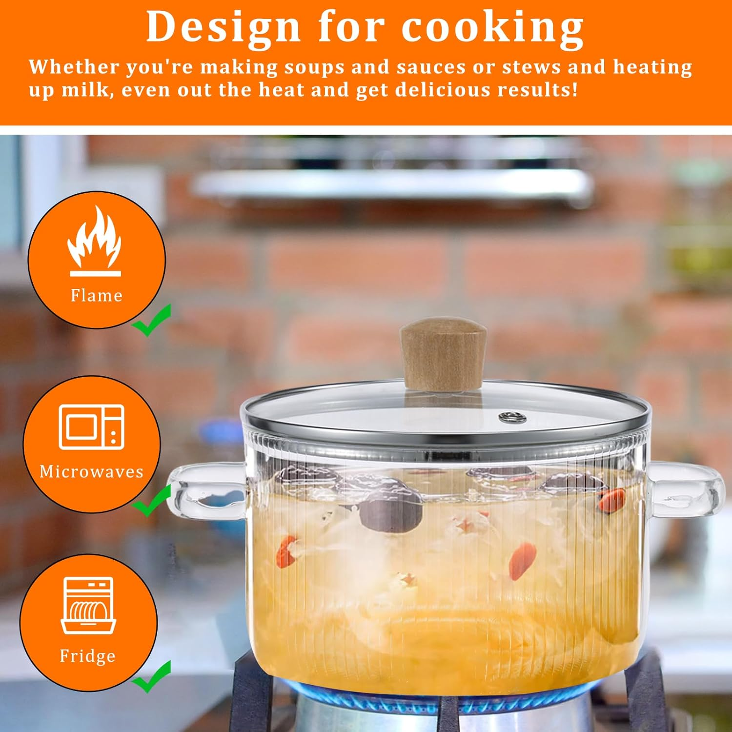 Glass Saucepan with Lid, 1.6L/54Oz Heat Resistant Stovetop Pot with Handles Non-Stick Borosilicate Glass Stovetop Soup Pot Clear Cooking Pot Safe Cooking Pot for Soup Milk Sauce Pasta image number 5