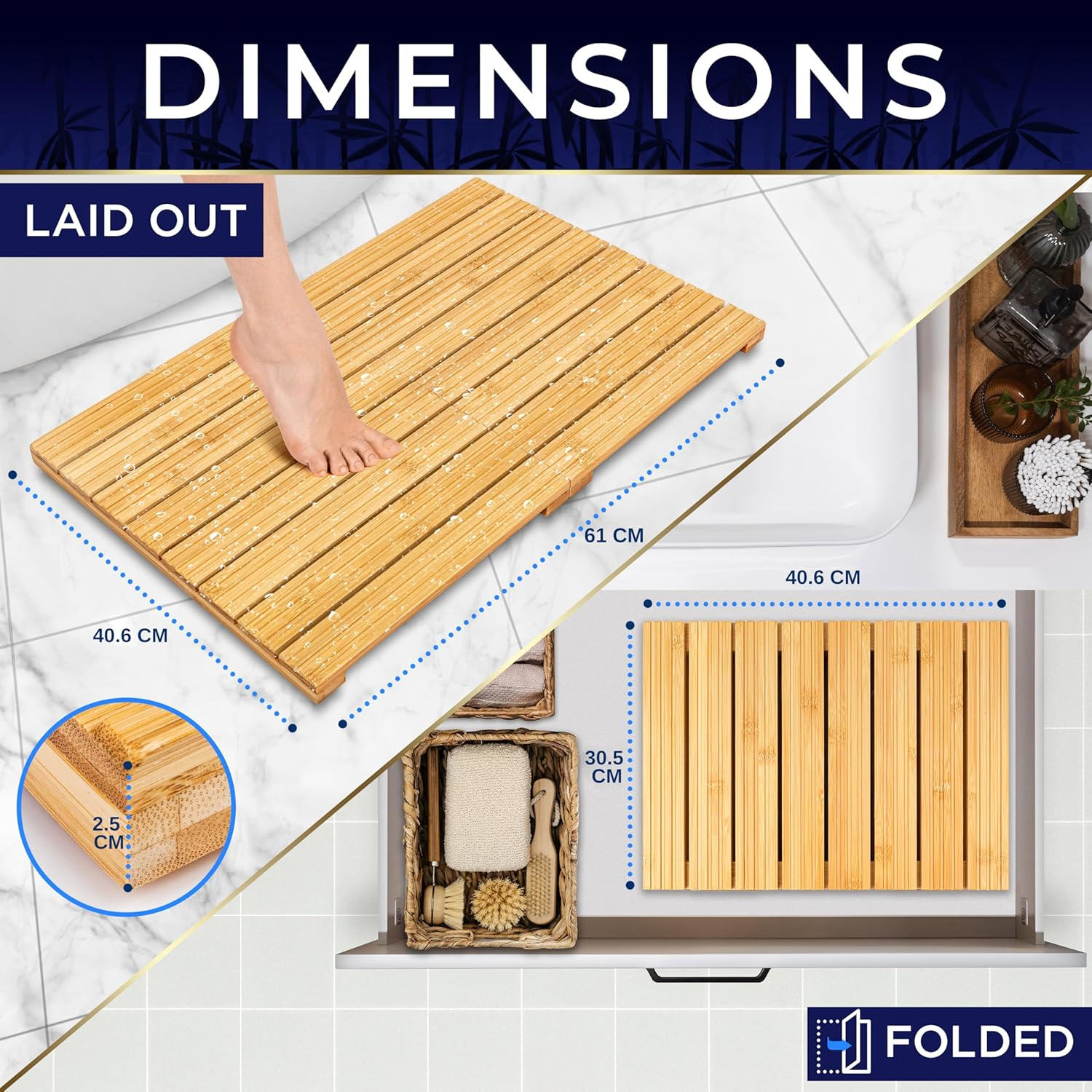 Serenelife Foldable Bamboo Bath and Shower Mat, Non-Slip Floor Mat for Bathroom, Sauna, Spa - Dual Non-Slip Surfaces, Withstands up to 300Lbs Weight, Easy Storage - Natural image number 6