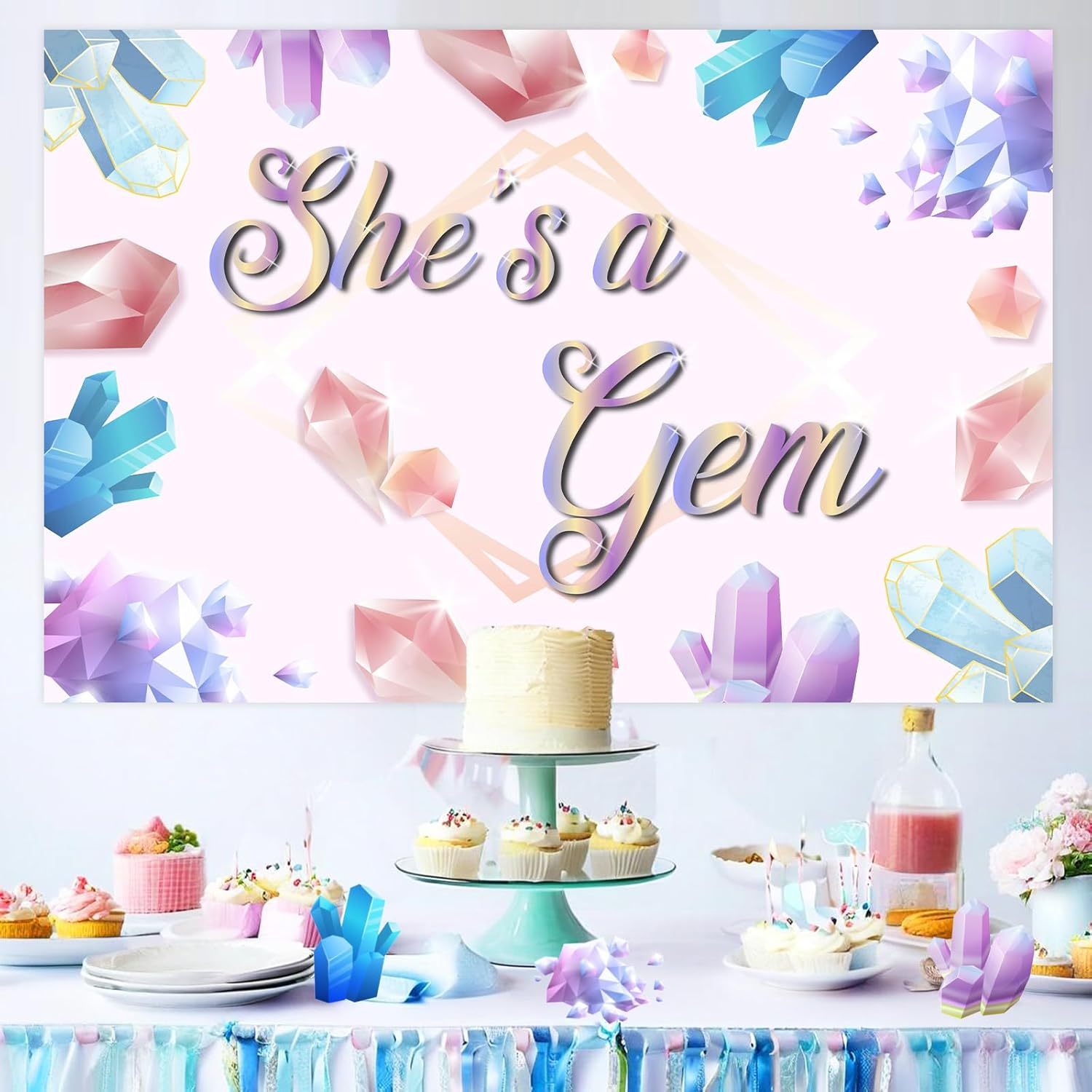 Wonmelody Gem Party Decorations for Girls 5 * 3 Ft She'S a Gem Backdrop Banner Geology Birthday Party Backdrop Jewel Birthday Party Decoration for Colorful Rocks and Minerals Treasure Diamond Party image number 3