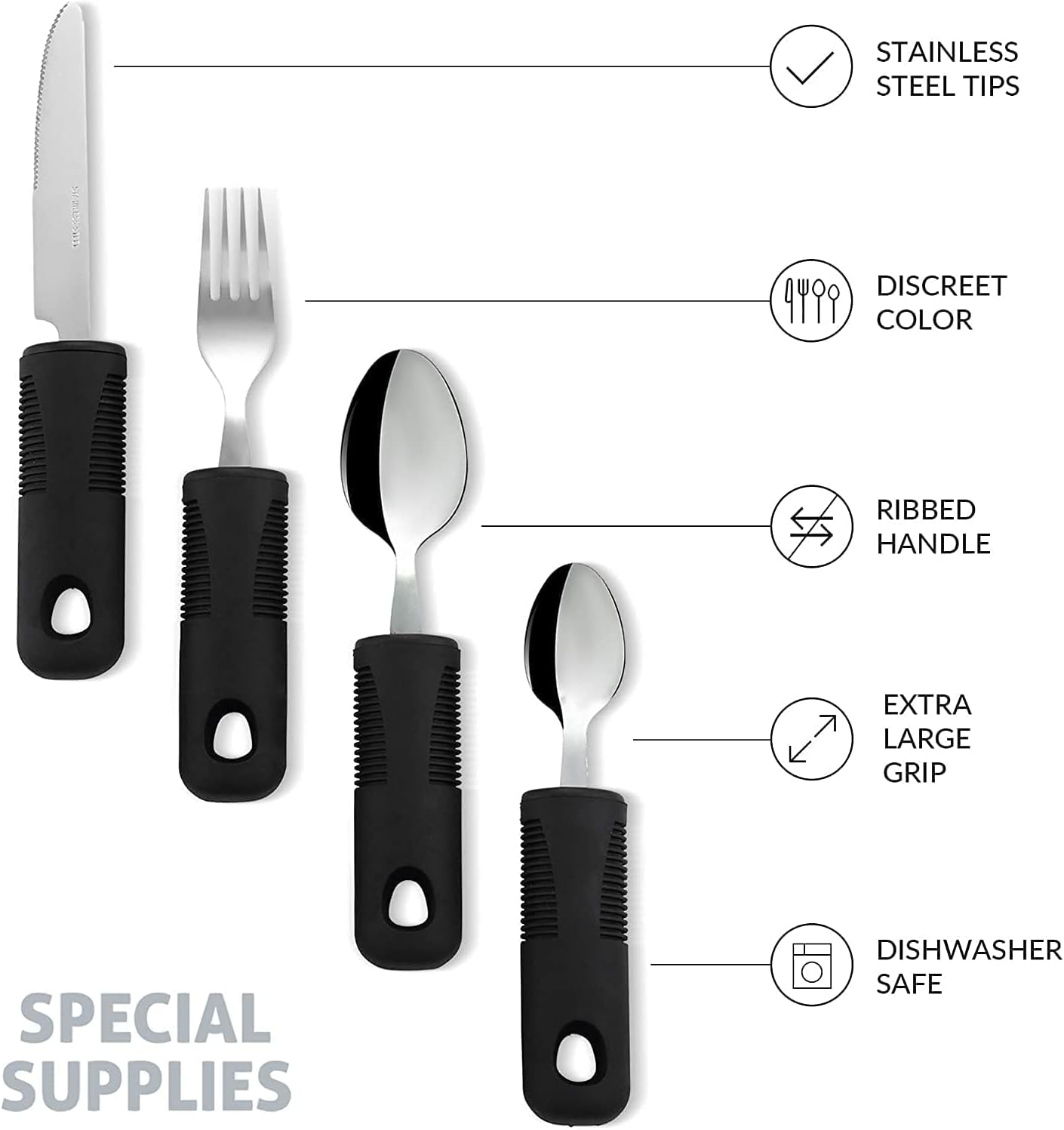 Extra Wide Handles Easy Grip Cutlery Set, Chunky Handles, Corfort Grips Disability Ideal Dining Aid for Elderly Disabled Arthritis Parkinson'S Disease Tremors Sufferers (4PCS Black) image number 5