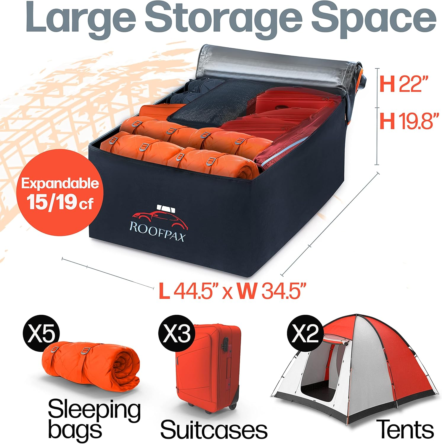 Roofpax Expandable 15/19 Cft. Car Rooftop Cargo Carrier Bag Waterproof Storage Including Double Zippers Integrated Mat 10 Heavy-Duty Tie-Down Straps Fit Cars With/Without Roof Top Rack or Side Rails image number 4