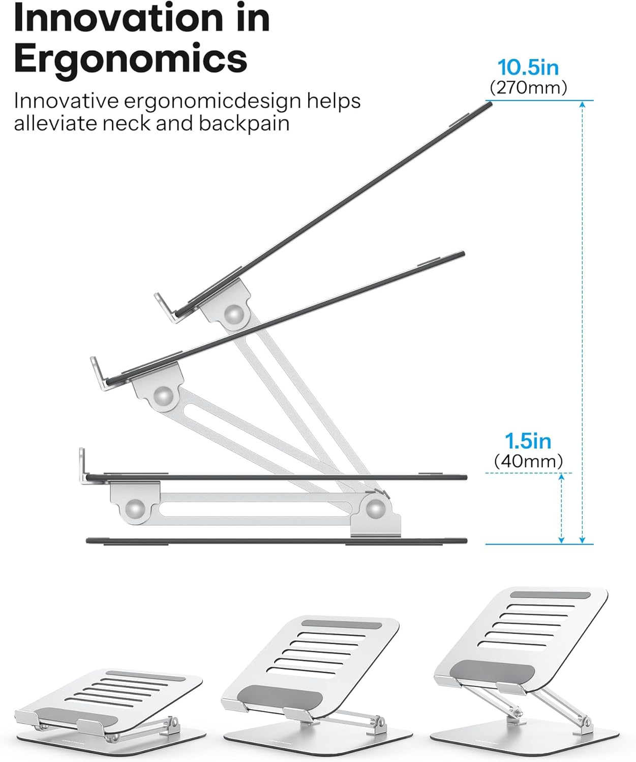 OMOTON Laptop Stand for Desk, Ergonomic Metal Adjustable Laptop Stand, Laptop Holder Riser with Cooling Function, Computer Stand Compatible with Macbook and All Laptops (10-17.2 Inch), Silver image number 5