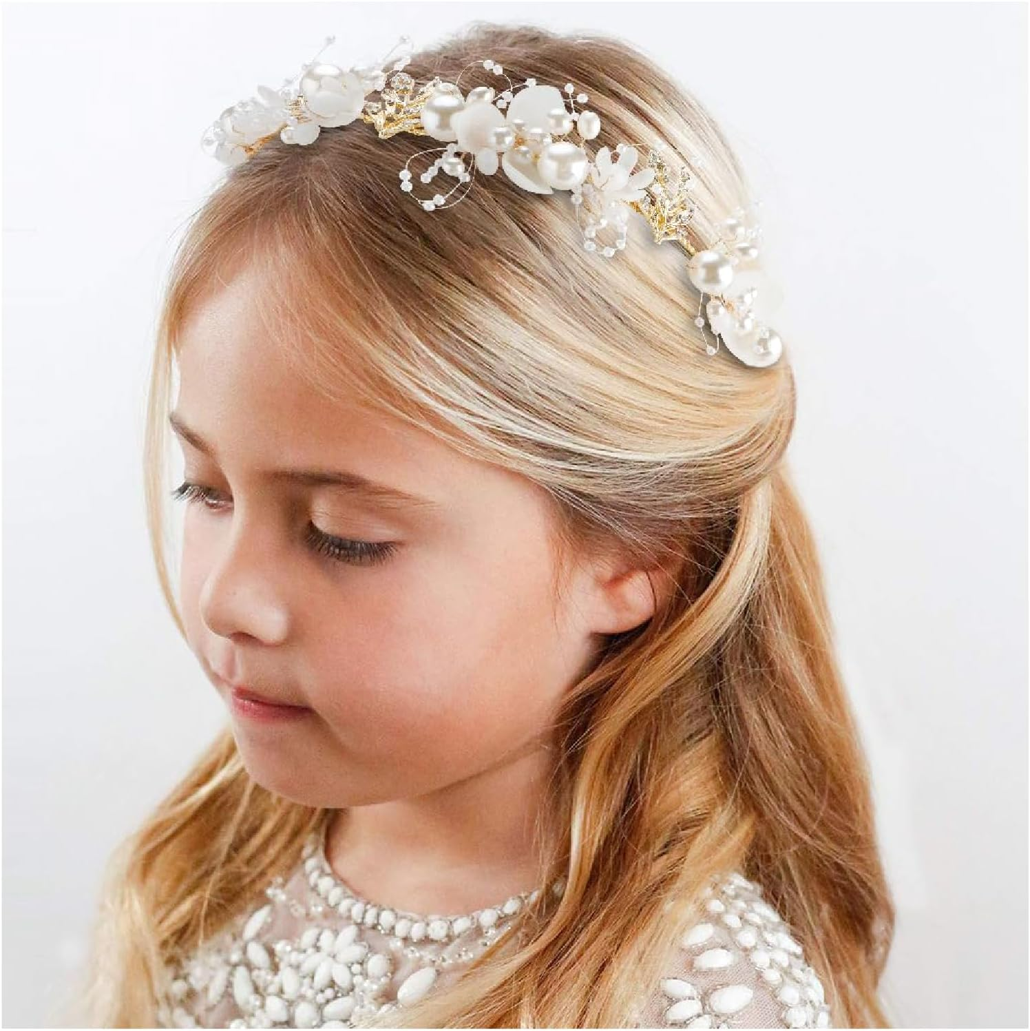Esshogo 1 Piece Girls Hair Bridal Piece Vine Rhinestone Women Headband, Bridal Headpiece for Hair, Flower Wreath, Headband, Adjustable Elastic Band, Hair Band Pearl Crown Stra image number 4