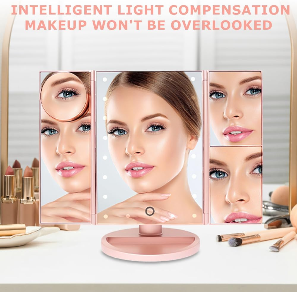 Makeup Mirror with Lights,Magnifying Beauty Looking Glass, Trifold Cosmetic Mirror,Countertop Vanity Looking Glasses,Portable High Definition Mirrors,With Touch Screen Dimming