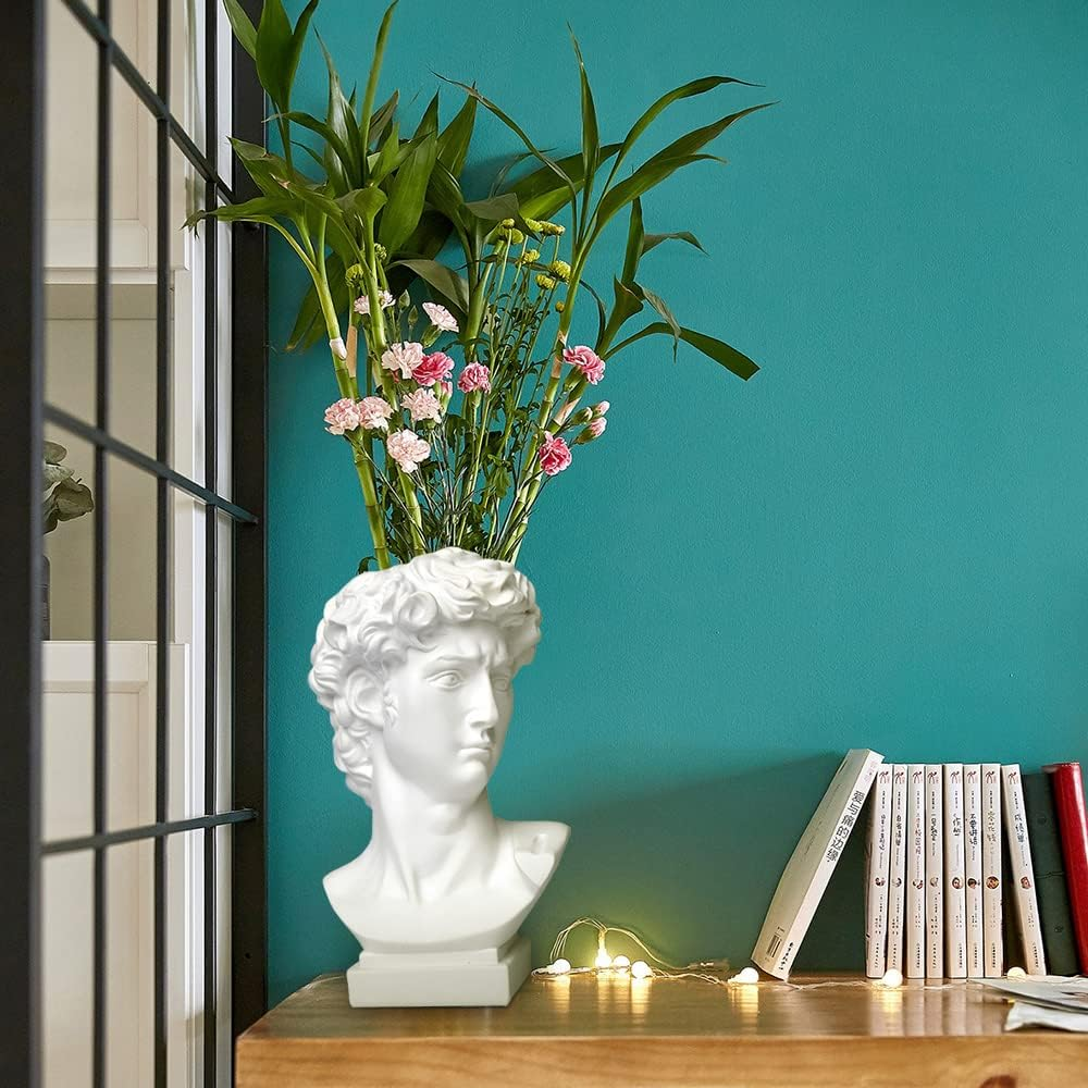 Hosrnovo Greek Statue, 9.8Inch Large David Head Vase Planter for Garden and Home, Roman Style Vintage White Flowers Bowl Creative Housewarming Gift image number 5