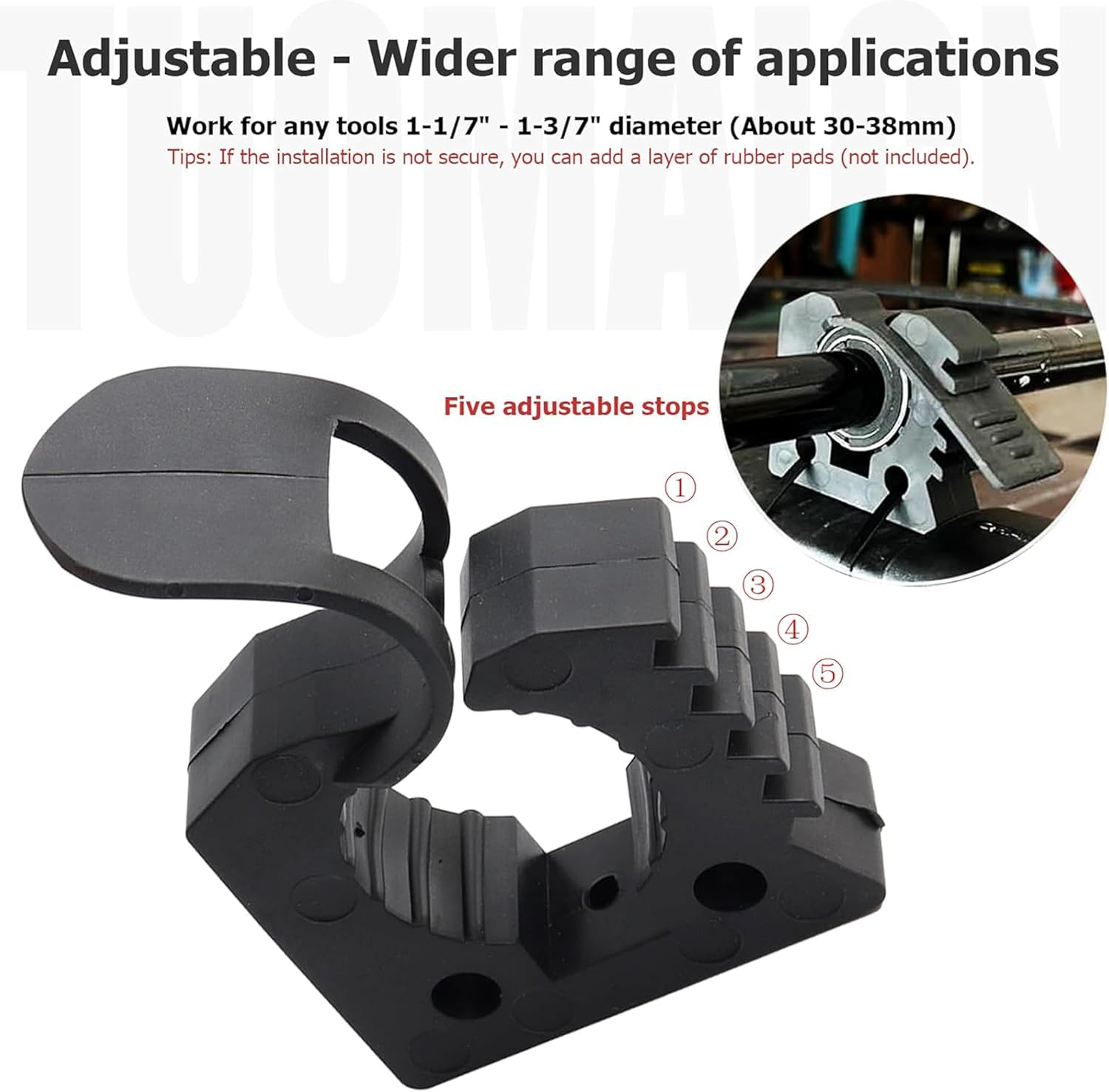 Quick Release Rubber Clamp Mount Kit, 4 Pack, 1-1/7" to 1-3/7" Diameter, for UTV ATV Truck Roof Rack, Shovel Tool Handle Holder, Offroad 4X4 Accessories image number 1
