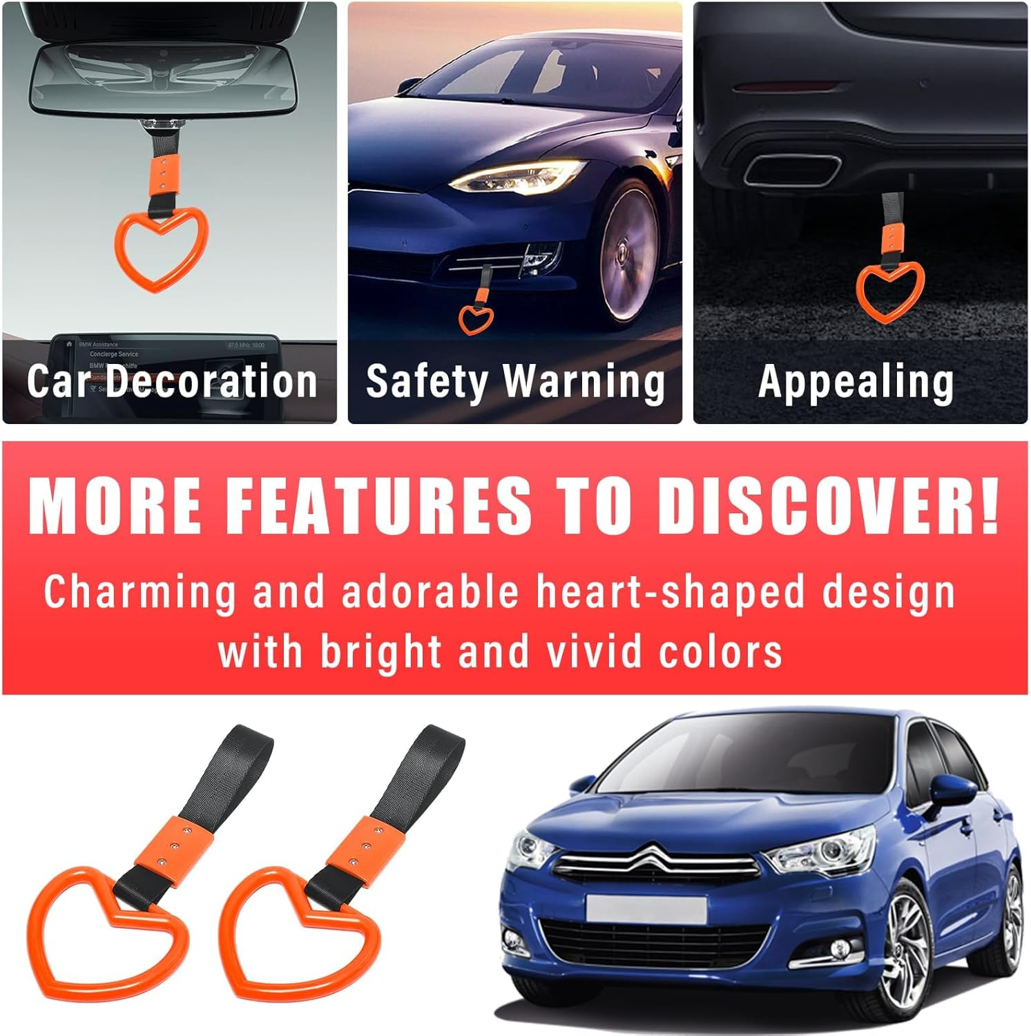 2PCS Ring Heart Shaped Car Hand Straps, Cute Rear Bumper Warning Rings Drift, Warning Loops for Car Interior Decor (Orange & Black)