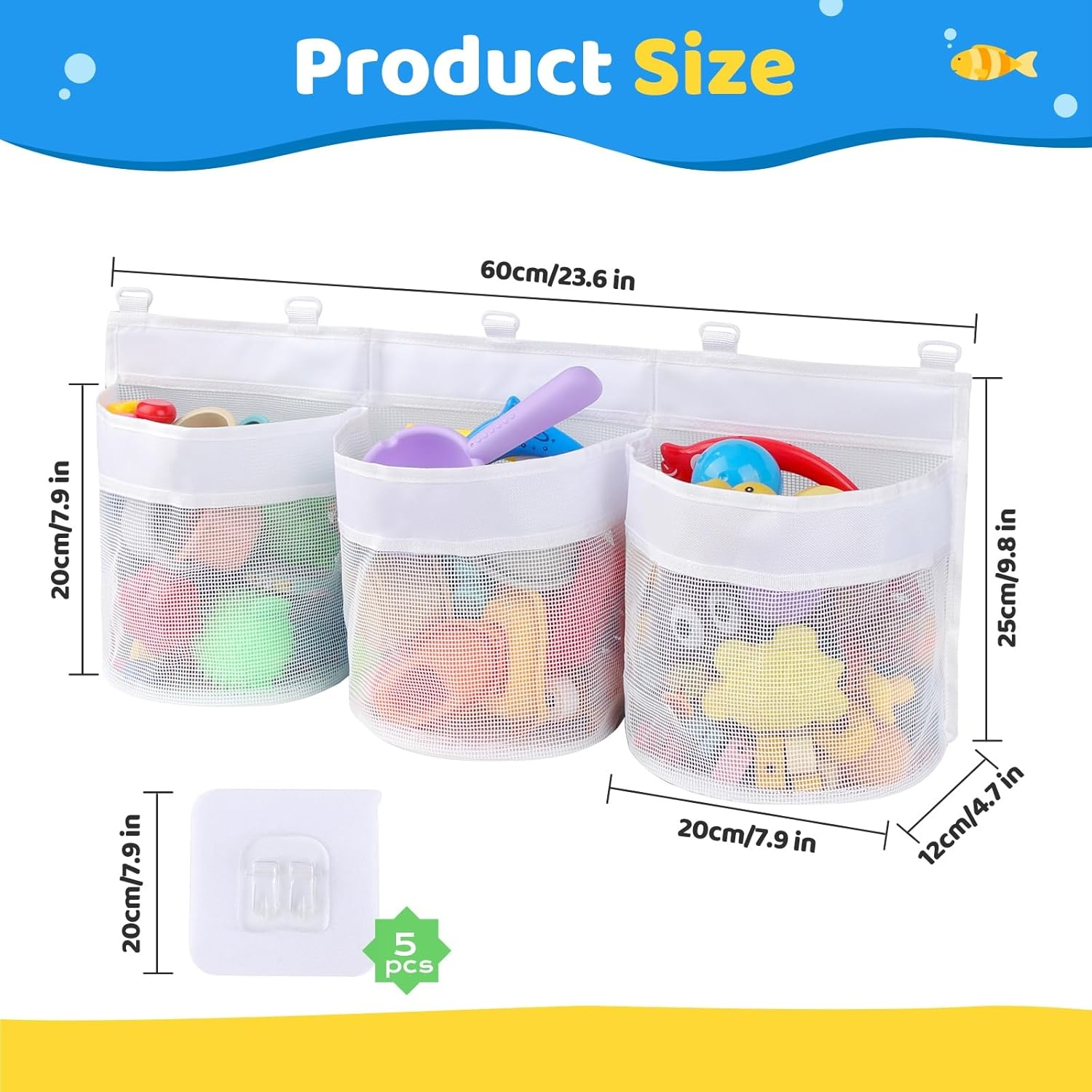 Large Bath Toy Storage Organizer with 3 Compartment Openings 5 Strong Self Adhesive Hooks, Mesh Baby Bathtub Shower Toy Tidy Net Basket Holder Bags for Bathroom Bedroom image number 2