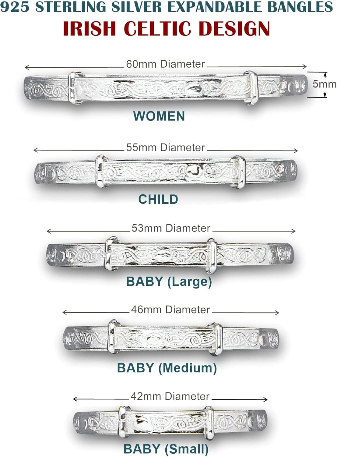 Irish Celtic Design/Claddagh Design Expanding/Expandable/Adjustable Bangle Bracelet for Baby/Child/Children/Women - 925 Sterling Silver - Childrens Jewellery image number 3