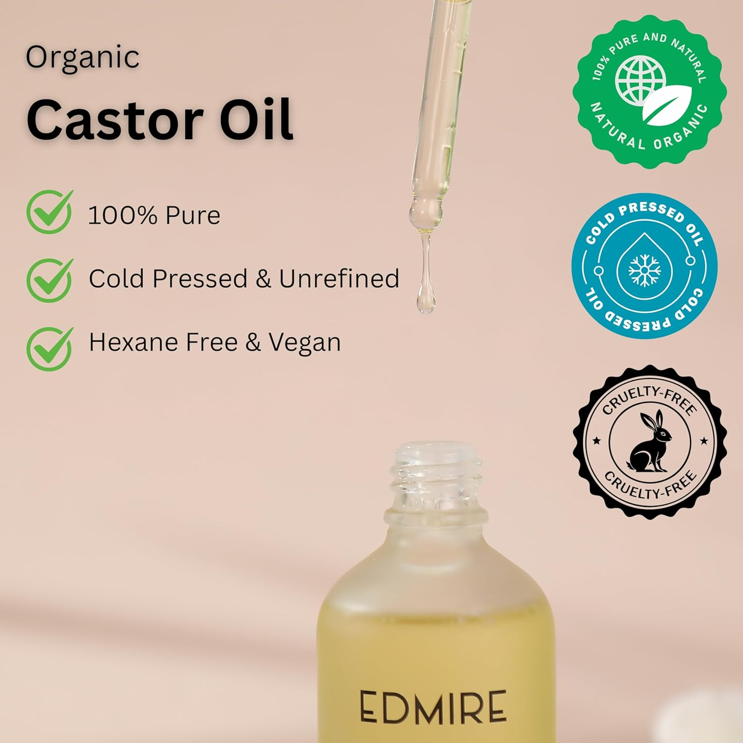 EDMIRE Organic Castor Oil, 100% Pure Cold Pressed Hexane Free Castor Oil for Hair Growth, Eyelashes, Eyebrows Skin & Scalp. Unrefined Natural Hair Oil for Hair & Scalp Treatment, 100Ml image number 3