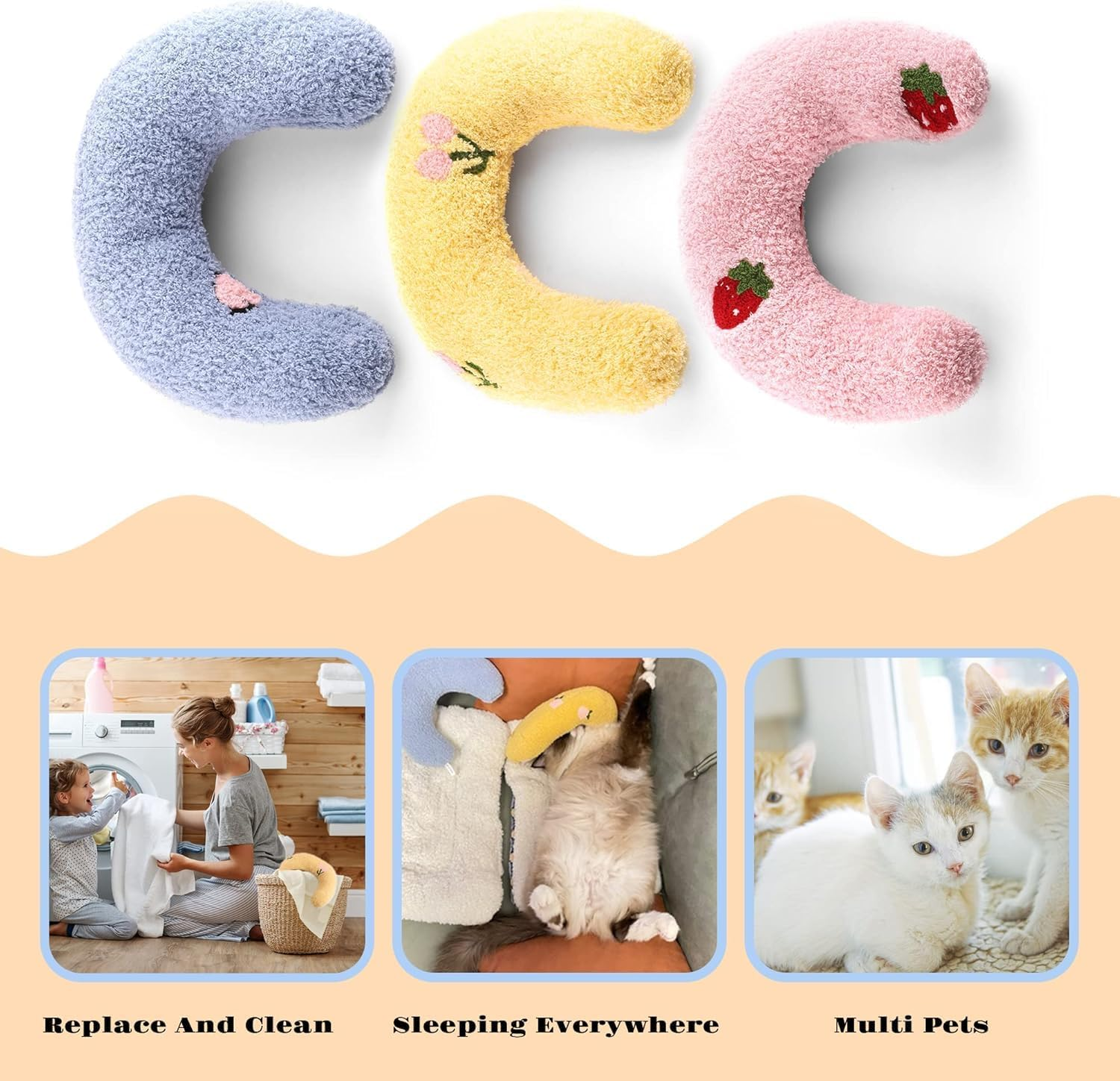3 PCS Cat Pillows for Indoor Cat and Small Dog, Calming Dog Pillows, Half Donut Dog Cutated Calming Pillow, Cozy Bed Pillow Cute Rabbit Pillows (Yellow, Blue, Pink, One Size)
