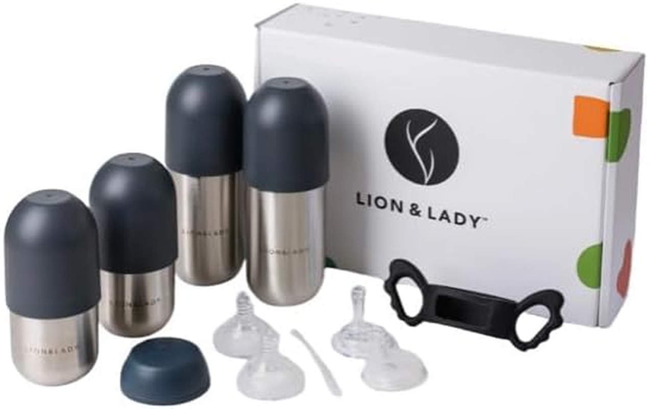 Lion & Lady Australia Baby & Toddler Feeding Supplies - 18/8 Stainless Steel Max Pack Baby Feeding Bottle Set with Cups for 6+ Months, Everything You Need to Start Solids (Fuchsia Pink) - Mixed image number 2