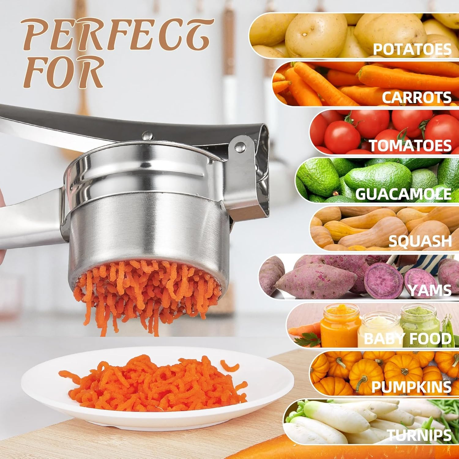 Multi-Purpose Stainless Steel Potato Ricer, Heavy Duty Large Capacity Potato Masher with 3 Interchangeable Discs, Ricer for Vegetable and Fruit with Interchangeable Strainers