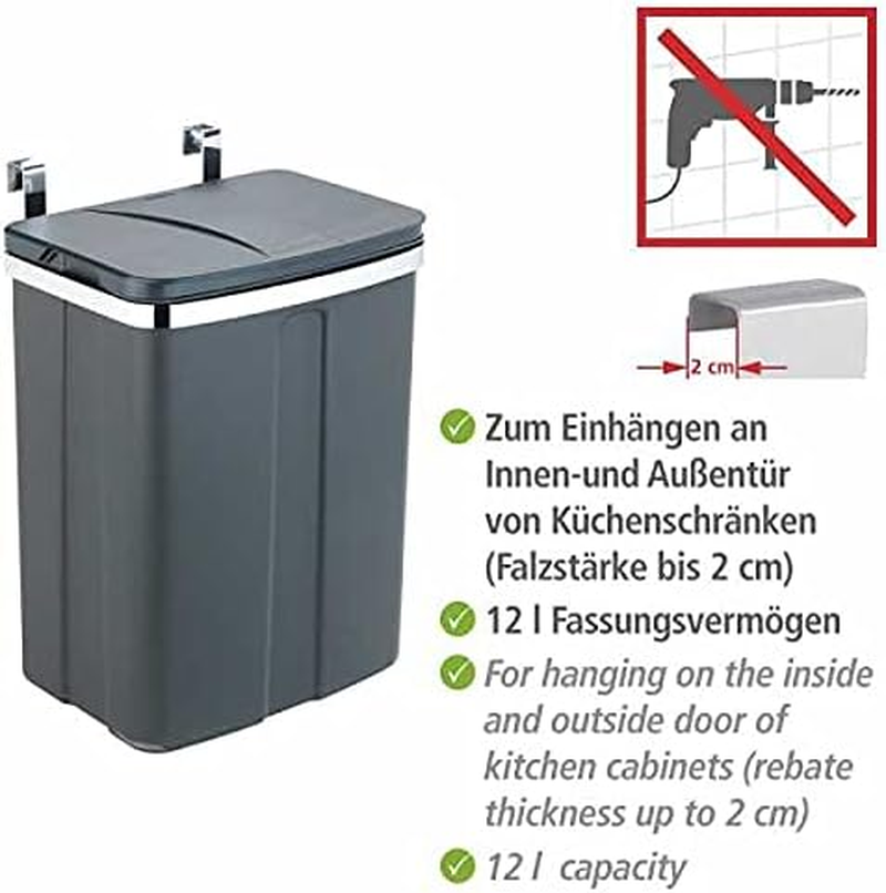 Wenko Garbage Bin Kitchen Trash Can Hanging Gray 12L image number 1