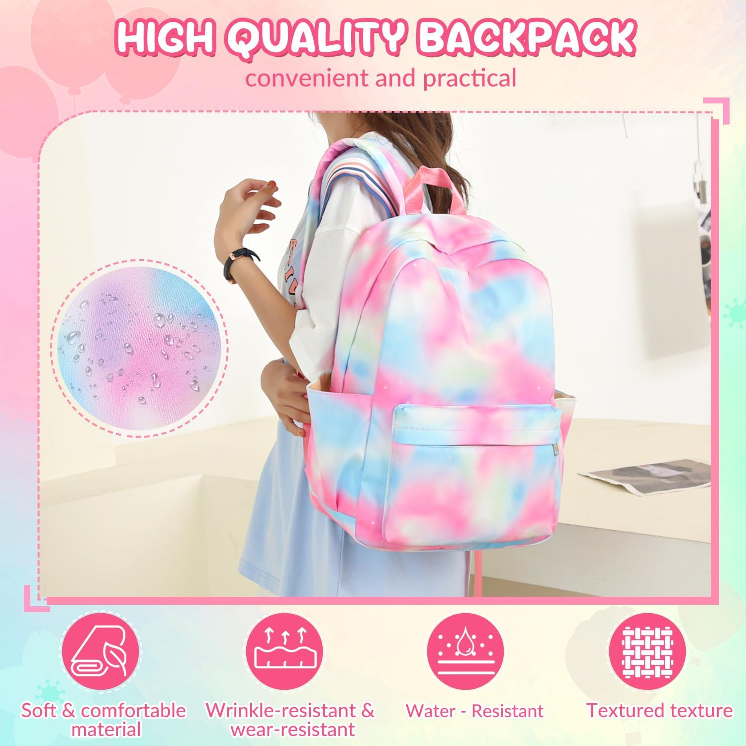 WOTOW Kids Backpack for Girls, Waterproof Large Capacity Schoolbags with Lunch Bag, Pencil Pouch & Card Case, Cute Stationery Set for Children Teens Kindergarten to Middle School - White Strawberry image number 5