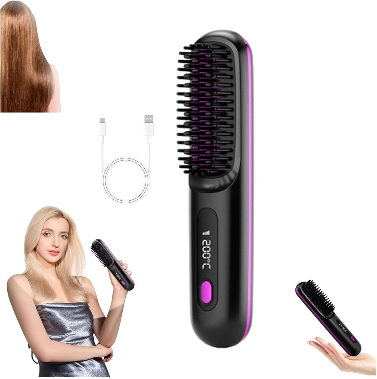 Bellabrush Pro Cordless Hair Straightener Brush (C), 35W, 200&deg;C Max, 7.4V, 3 Heat Settings, All Hair Types, Battery Powered