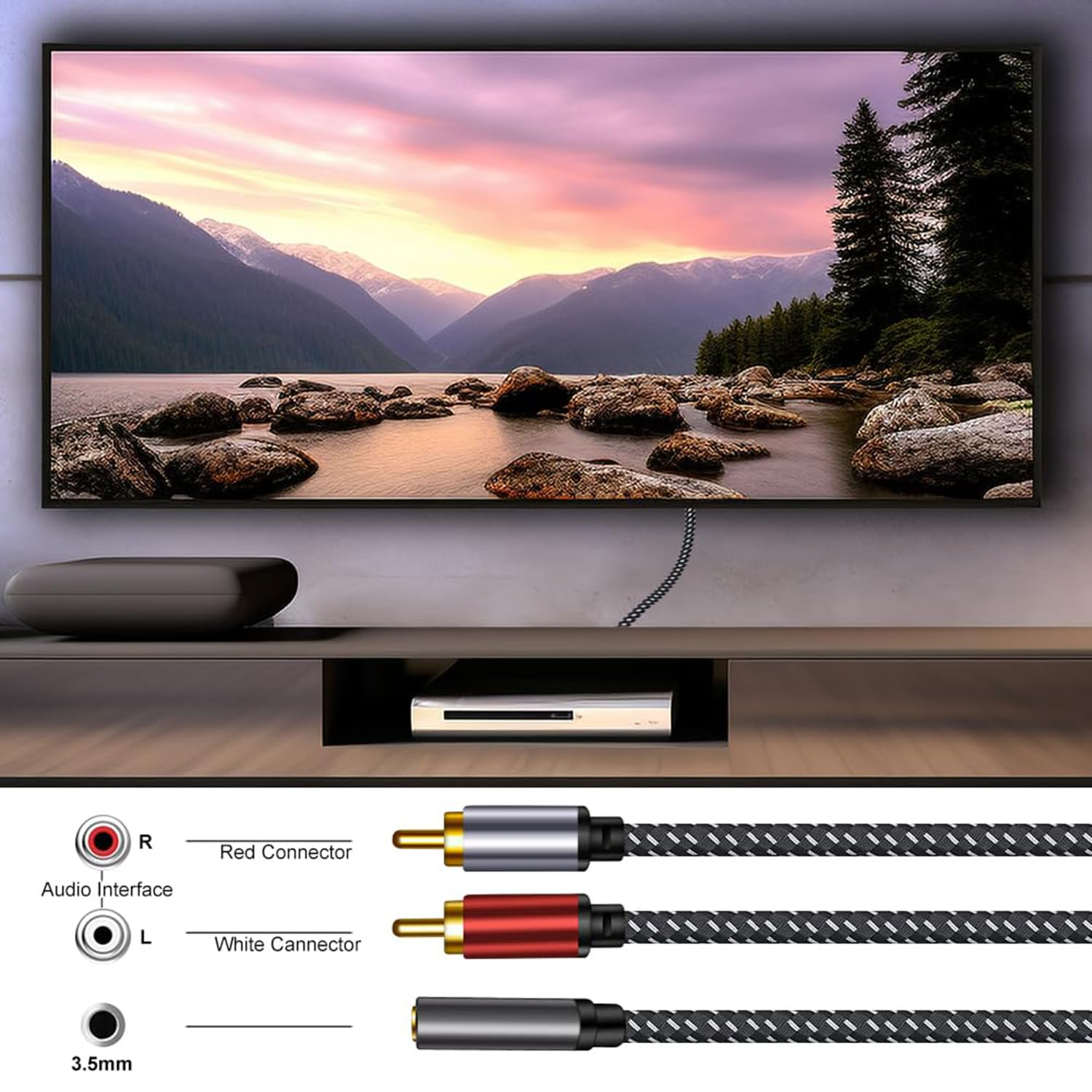 3.5Mm AUX Female to 2 RCA Male Cable: 0.3M Braided Double Layer Shielded Zinc Alloy Stereo Audio Y Cable Splitter Adapter Compatible for Tv,Smartphones, MP3, Tablets, Speakers,Home Theater image number 3