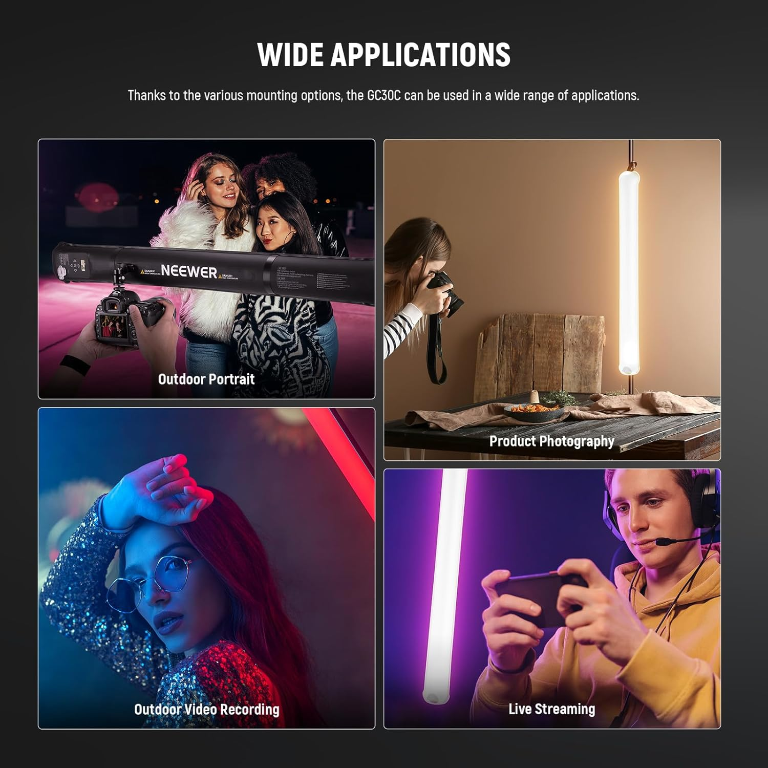 NEEWER Basics 30W Handheld RGB Fill Light 35.5"/90Cm, Portable Inflatable TPU Lighting 5000Mah Type C 45W In/30W Out, 3000Lux 17 Effects 2700-6500K CRI95 for Studio Photography Video Recording, GC30C image number 4