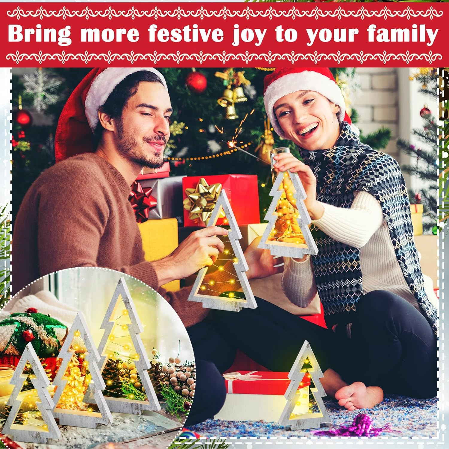 3 Pcs LED Wooden Christmas Tree Tabletop Decoration Rustic Xmas Tree Table Centerpieces with Light Farmhouse Standing Christmas Tree Christmas Tiered Tray Decor for Fireplace Home Party image number 5