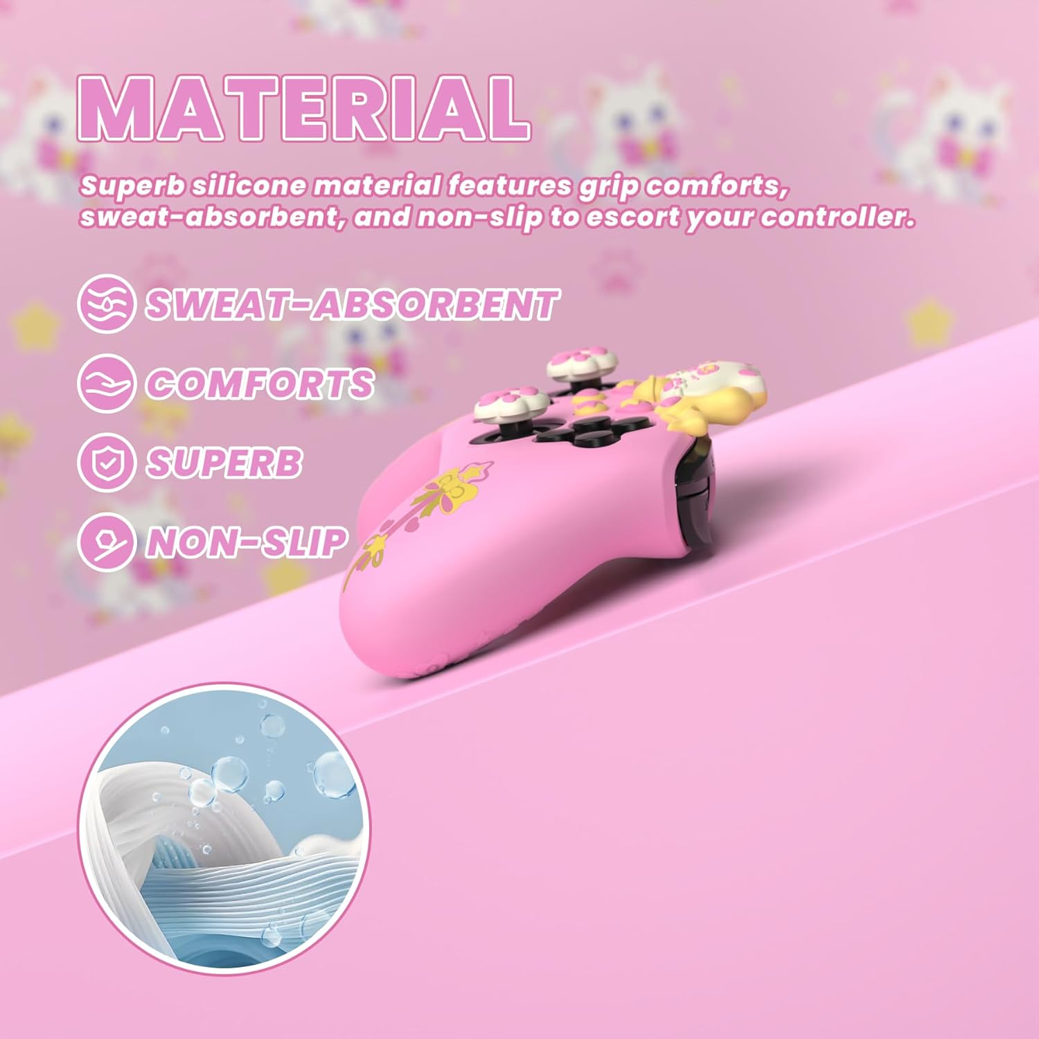 Playvital Sweetheart Kitty Silicone Skin Compatible with Nintendo Switch Pro Controller Kawaii Anti-Slip Cover, Switch Pro Controller Joystick Grips & Protective Silicone Case - Pink image number 6