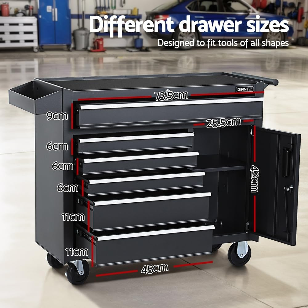 Giantz 6 Drawers Large Tool Chest Trolley, Lockable Toolbox Tools Storage Box Cabinet Cart Garage Storage Organiser Boxes, 100Kg Capacity Heavy Duty with Wheels Brake Sturdy Construction Black image number 2
