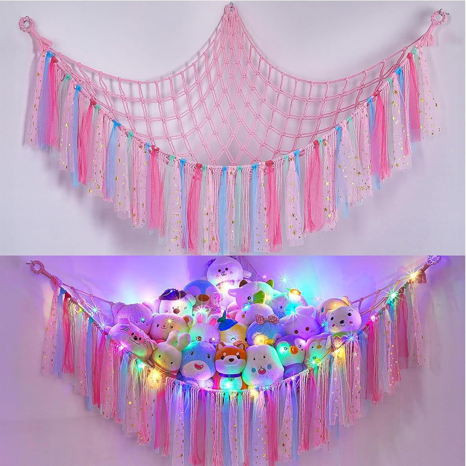 Stuffed Animals Toy Hammock Net, Kids Toy Storage with LED Light Hooks, Stuffed Animals Holder for Soft Bears Toys, Corner Hanging Toy Organizer Storage for Nursery Kids Bedroom Decor(Purple)