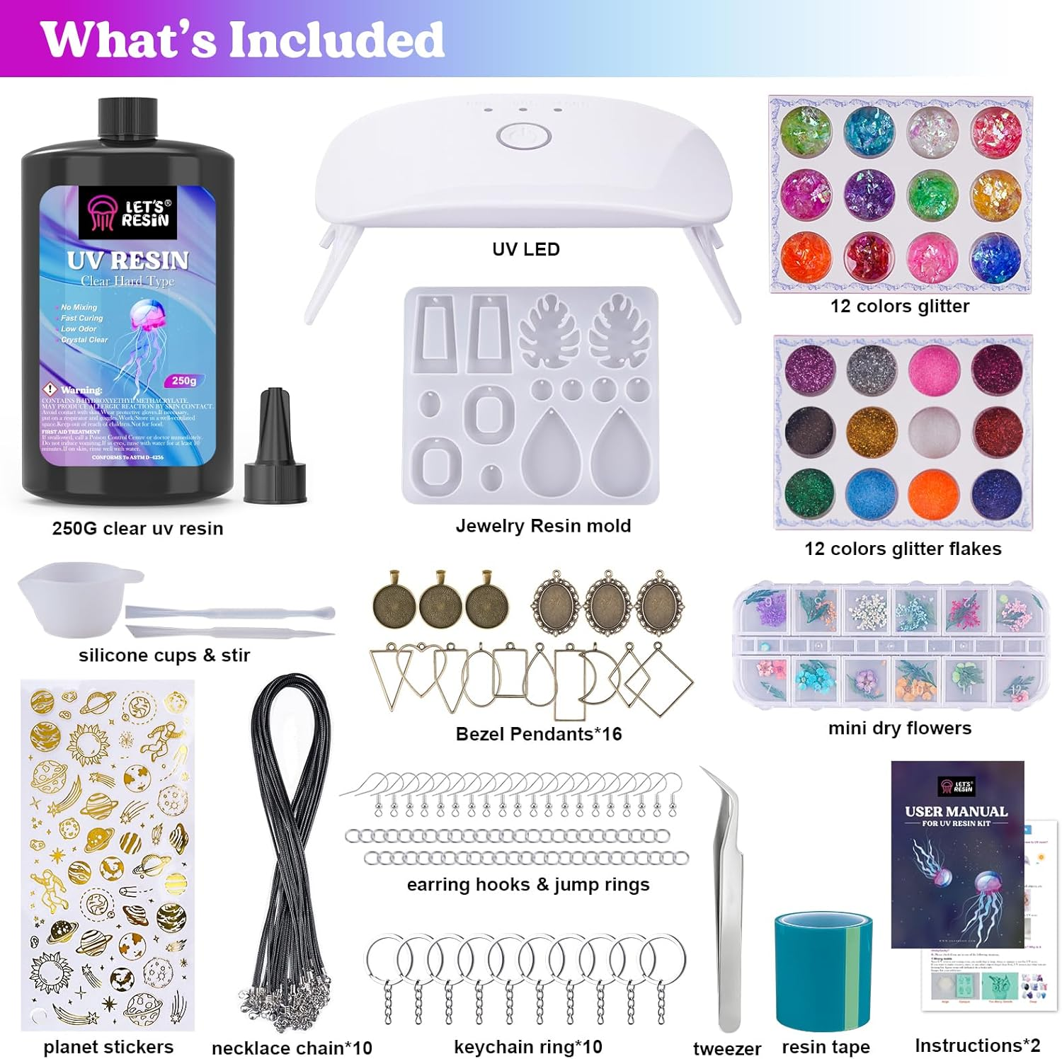 LET'S RESIN UV Resin Kit with Lamp, 153Pcs Resin Jewelry Making Kit with 250G Crystal Clear Low Odor UV Resin, UV Lamp, Resin Accessories, Epoxy Resin Starter Kit for Keychain, Jewelry, Home Decor image number 4