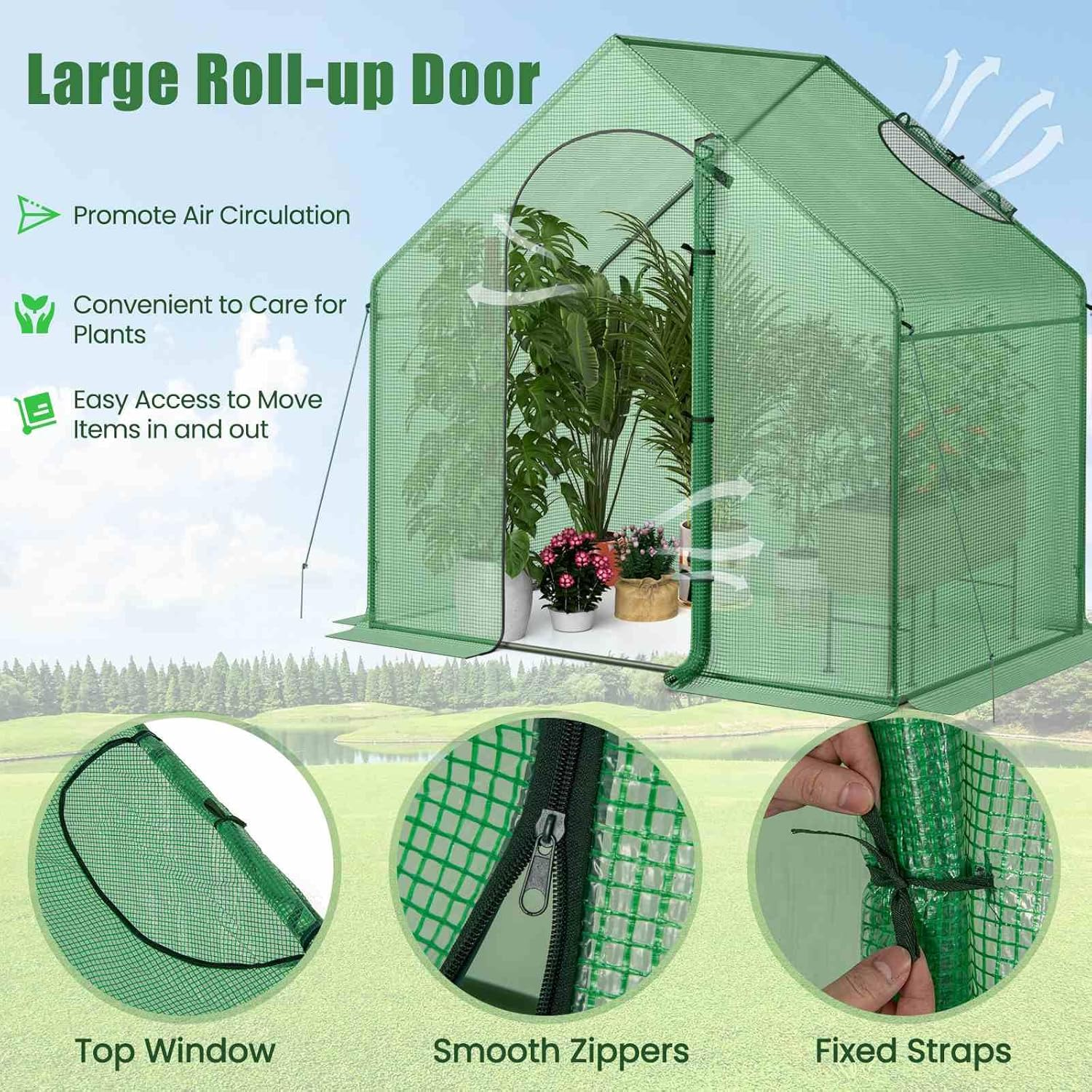Costway 1.79 X 1 X 1.67M Mini Walk-In Greenhouse, Portable Outdoor Warm House for Winter W/ PE Cover, Rustproof Pe-Coated Metal Frame, Roll-Up Zippered Door, Window, Garden Yard Hot House Tent image number 5