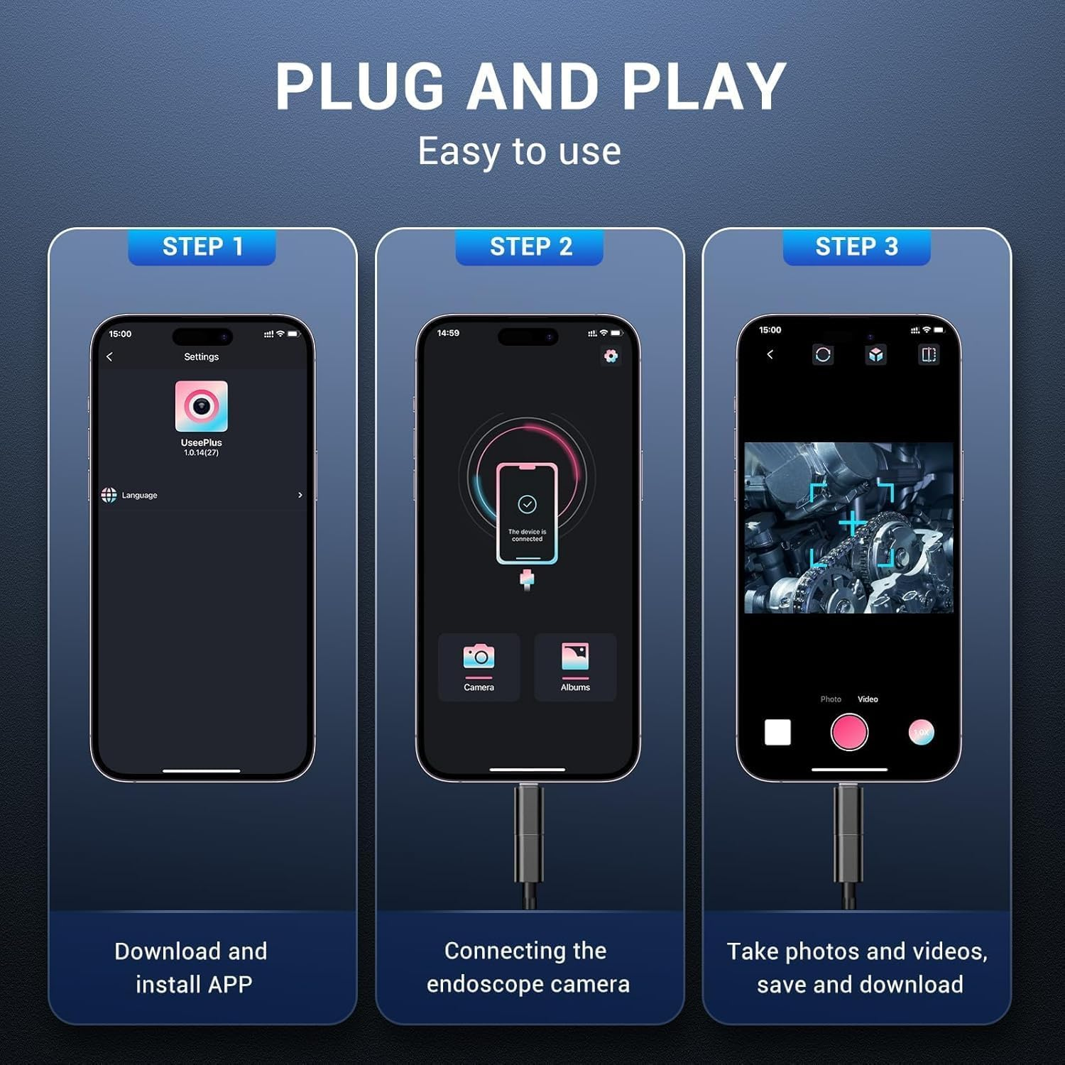 Deraweey Endoscope Camera with Light, Industrial Endoscope, 8Mm 1920P HD IP67 Waterproof Borescope with 8 Adjustable LED Lights, Inspection Camera for Iphone, Ipad and Android Devices（16.5Ft） image number 1